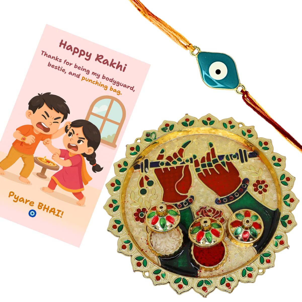 JWELLA Evil Eye Rakhi with Quirky Raksha Bandhan Card, Roli kumkum Chawal & Decorative Pooja Thali (18cm) | Rakhi Combo with Fun Card - Image 2
