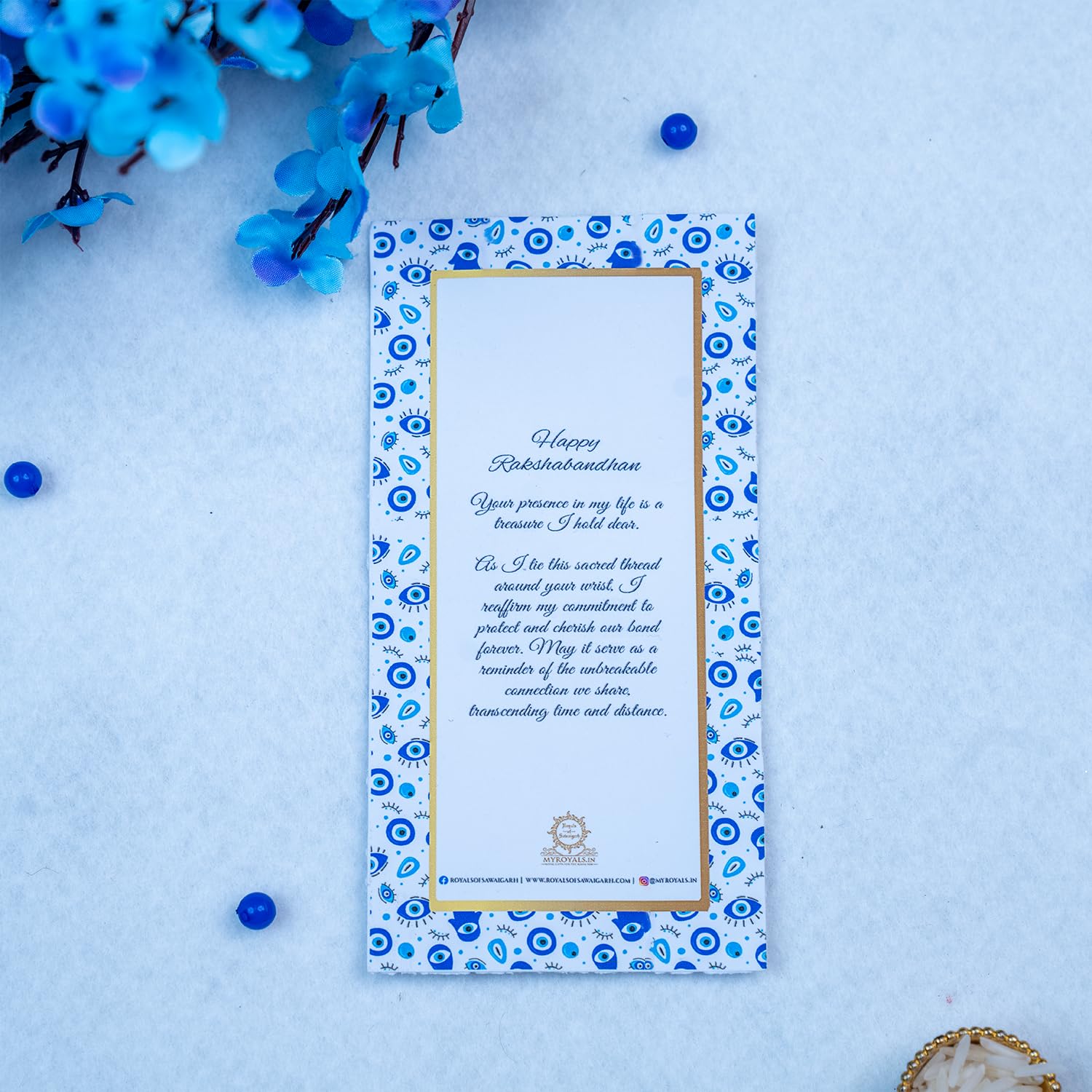 MyPoojaThali Set of 3 Evil Eye Rakhi for Brother with Thali, Blessing Card, Roli Chawal & Printed Gift Pouch – Designer Raksha Bandhan Combo - Image 6