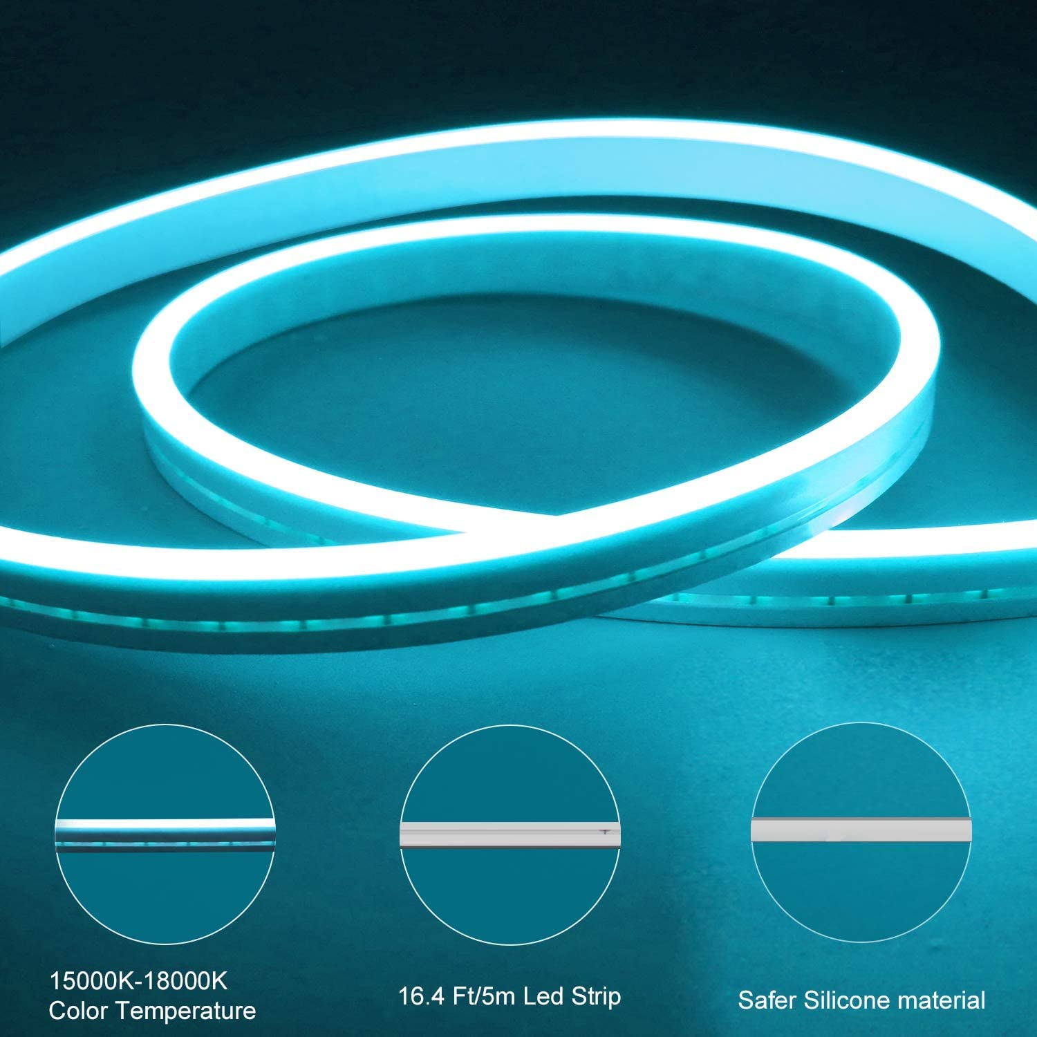 Gesto 16.4 Ft Neon LED Strip Light with 12V Adapter | Waterproof, Flexible & Cuttable Rope Light for Diwali Decor,Wall Decor,Indoor Outdoor Lighting, Neon Sign Board & Custom Name Design – Ice Blue - Image 6