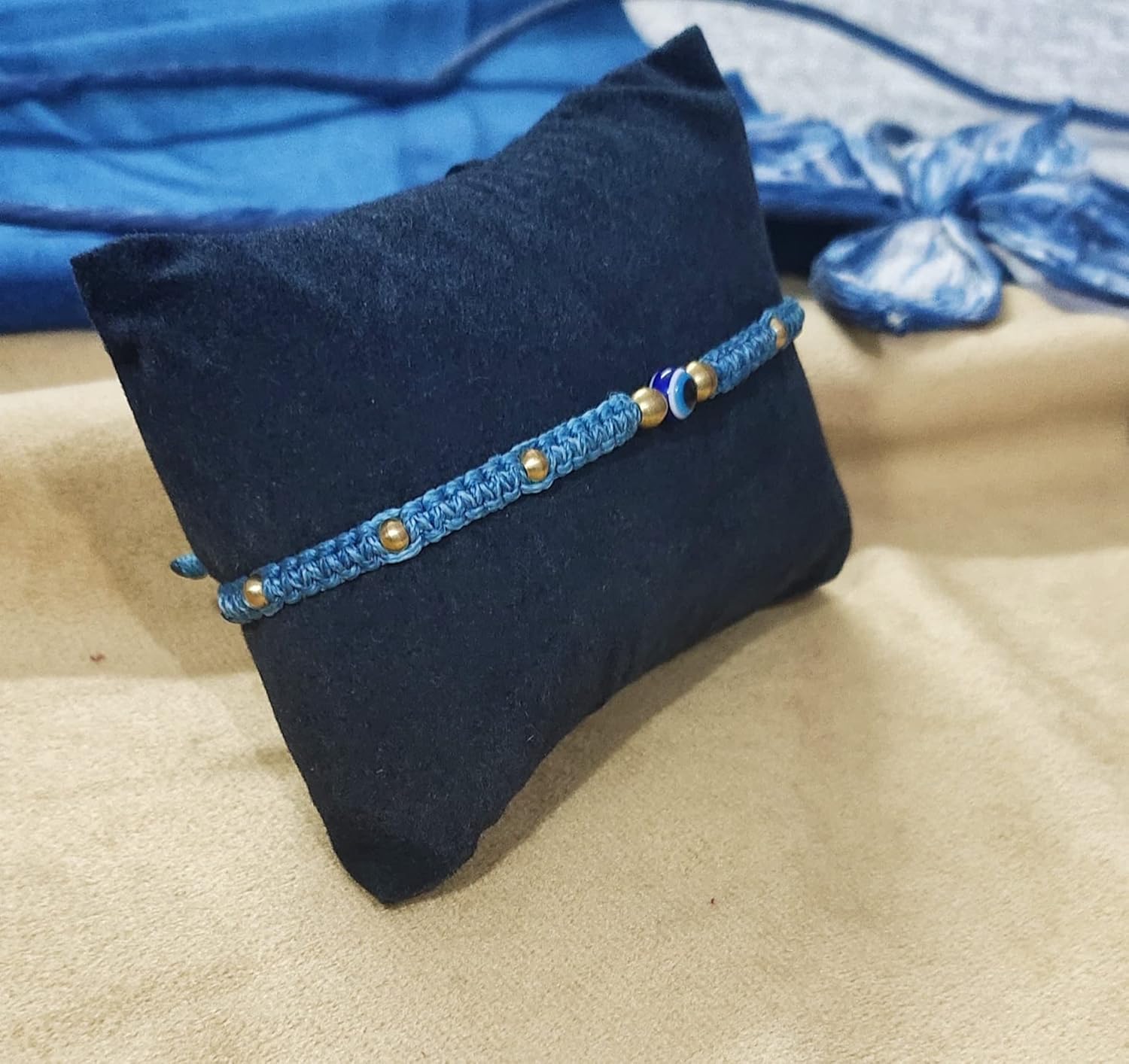 SAFFRON SHADES Stylish and Elegant Evil Eye Bracelet Rakhi for Brother Sister Bhabhi with Greeting Card and Roli Chawal | Premium Linhasita Thread - Image 4