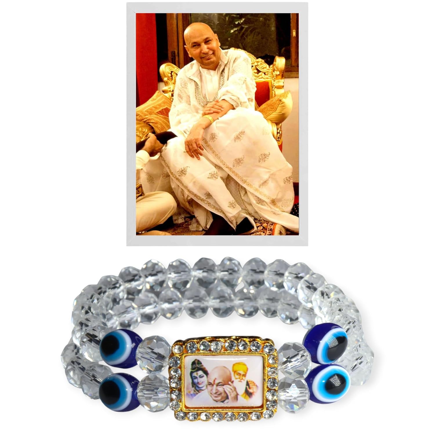 Jai Guru ji Bracelet Evil Eye Bracelet with Religious Charm, Clear Crystals and Blue Evil Eye Crystal Beads, e (Evil-White) - Image 3