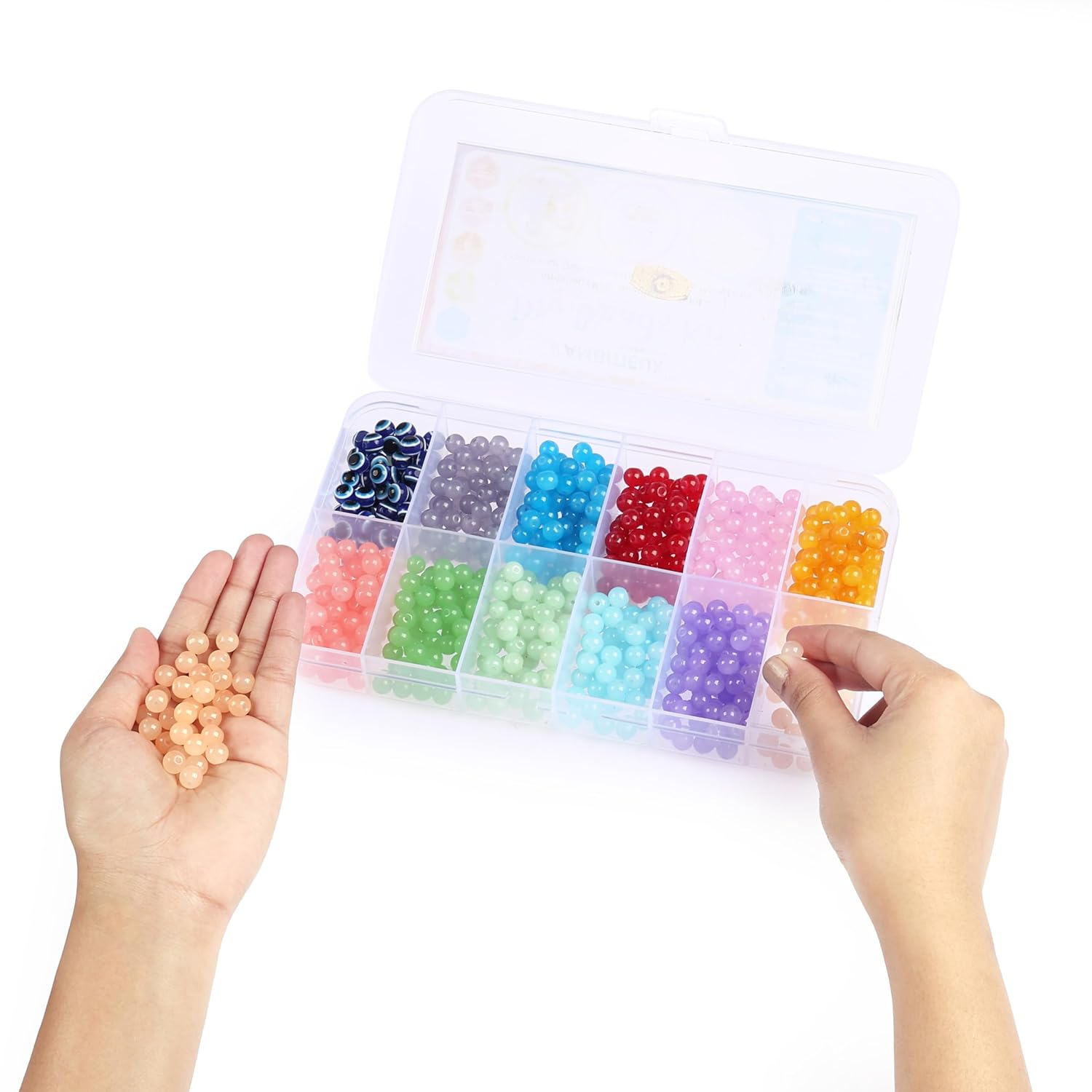 ambitieux Kids Toy Glass Beads DIY Bracelet Necklace Making Craft Kit - 11 Colors of Glass, Evil Eye, Thread Cutter, Elastic Thread, Jute Bag - 700+ PCS for Crafting - Image 7
