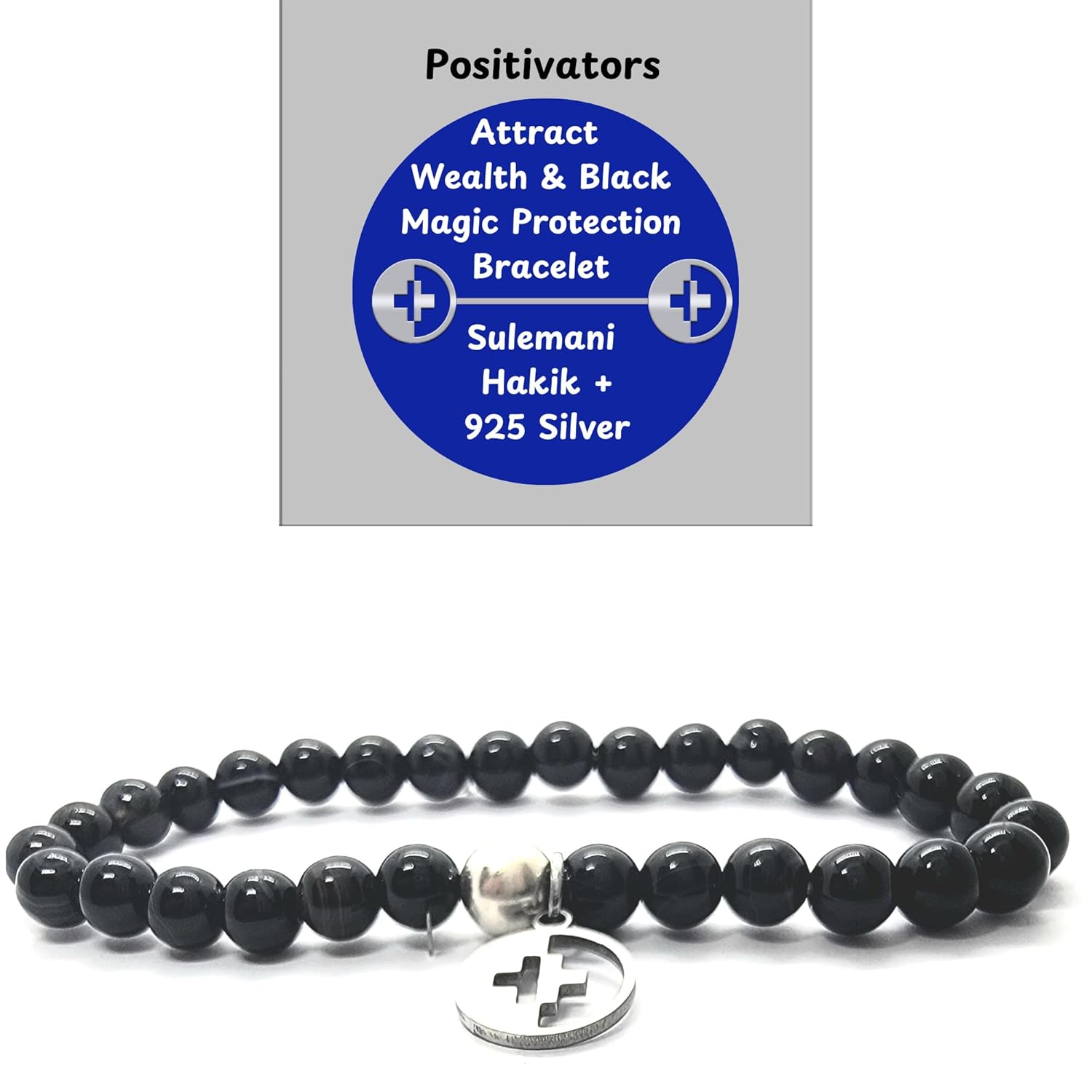 Positivators Attract Wealth & Black Magic Protection-Sulemani Hakik & 925 Silver Bead Bracelet________________Key Features- Certified Bead bracelet ׀Unisex ׀Stretchable ׀Evil Eye bracelet ׀Gift ׀ - Image 2