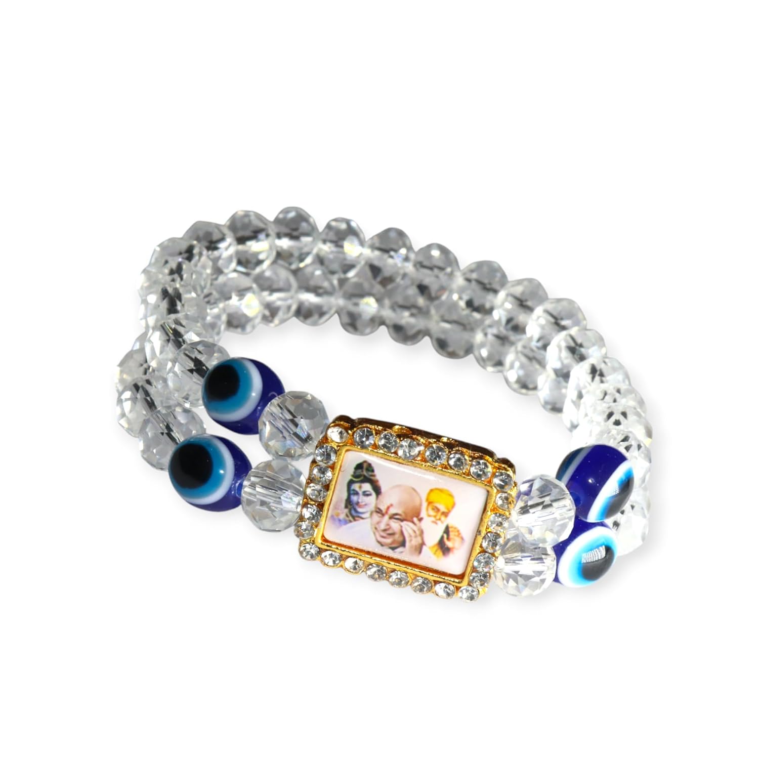 Jai Guru ji Bracelet Evil Eye Bracelet with Religious Charm, Clear Crystals and Blue Evil Eye Crystal Beads, e (Evil-White) - Image 2