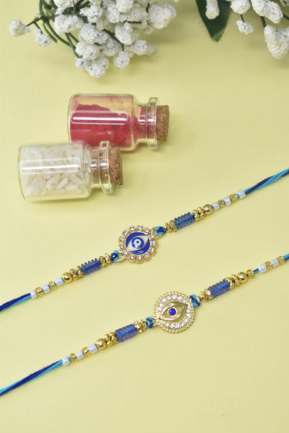 Meira Jewellery Evil Eye Set of 2 Rakhi, Premium Blue Beaded Cotton Thread Combo Pack Bracelet Type Kids Rakhi for Brother with Chocolate Gift Hamper, Roli Chawal and Rakshabandhan Greeting Card-02 - Image 3