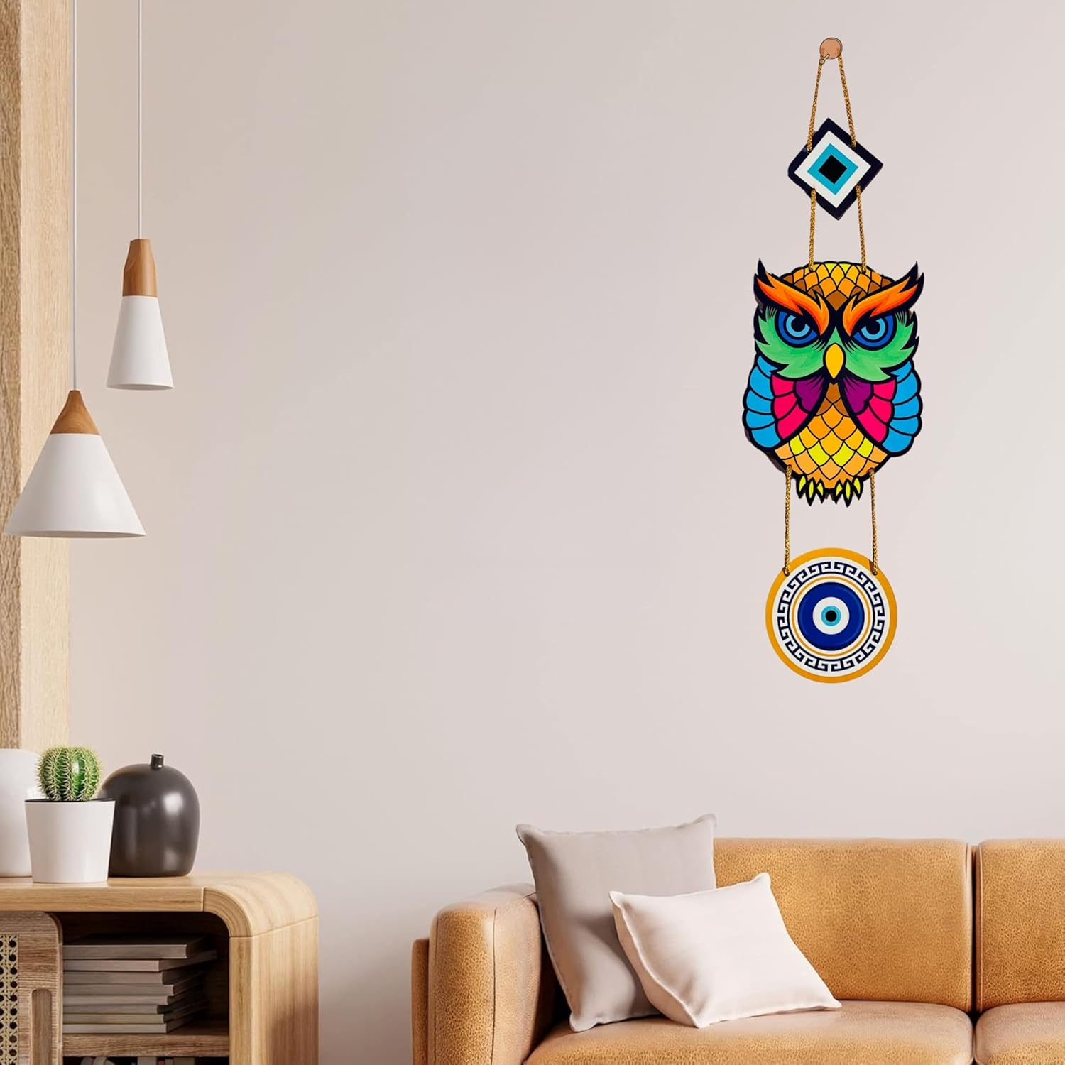 BLUEWALL DECOR Owl Evil Eye Hanging MDF Wooden Decorative Art | Unique Charm for Home Office Decor | Modern Positive Vibes Ornament | 48x12 cm - Image 7
