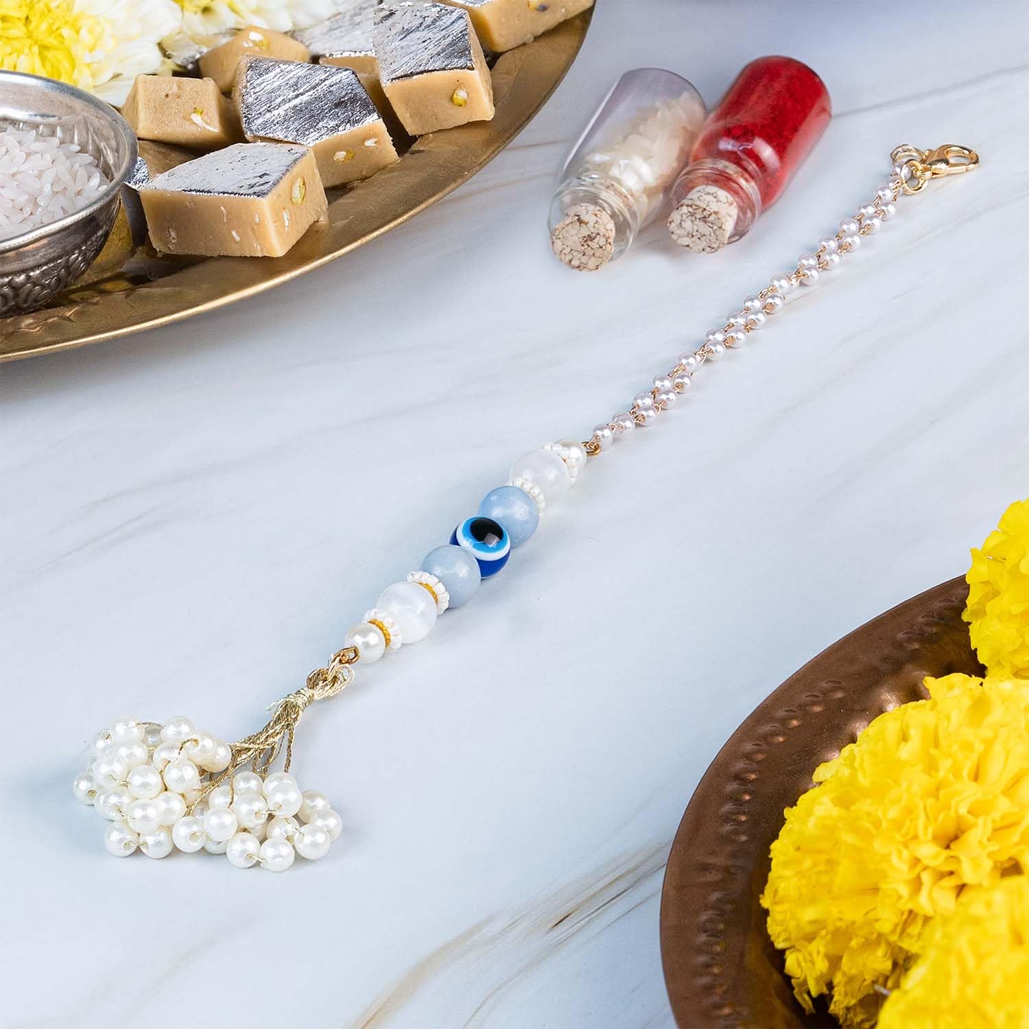 Mesmerize Angelite, Selenite & Evil Eye Rakhi for Brother | Protective Natural Stone Rakhi for Raksha Bandhan | - Image 3