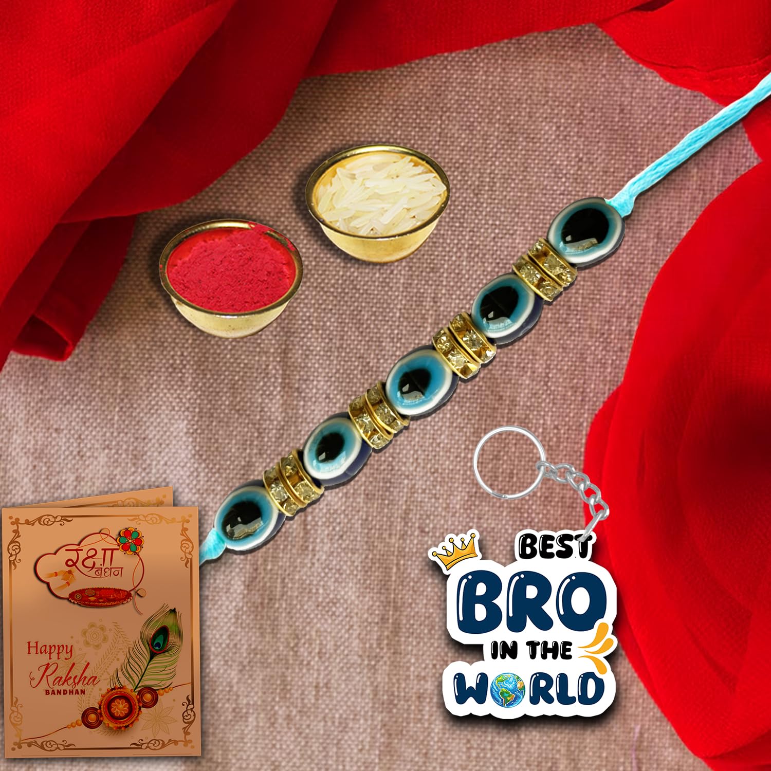 AWANI TRENDS Evil Eye Designer Pearl Rakhi Best Bro Ever keychain with roli chawal Pack - rakhi for Brother, Bhaiya, Bhai - Image 3