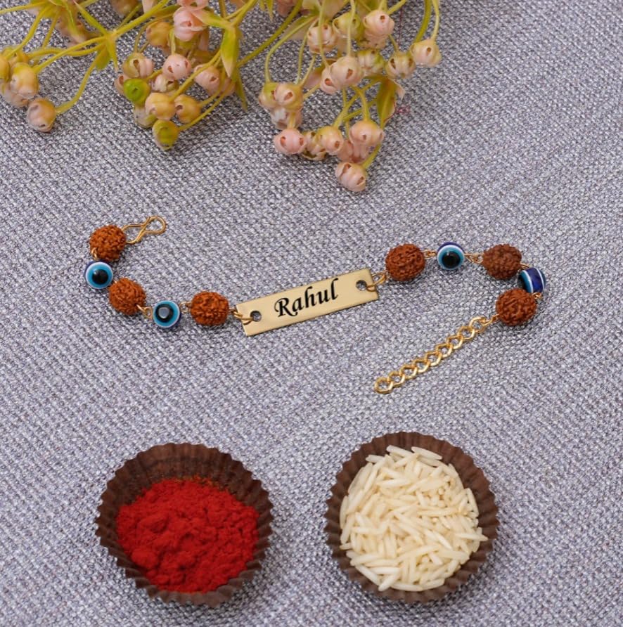 Sarcastic Store.Com Personalised Rudraksha Evil Eye Rakhi For Brother With Name | akhi For rother | Customized Rudraksha Raakhi | Evil Eye Rakhi for brother. - Image 5