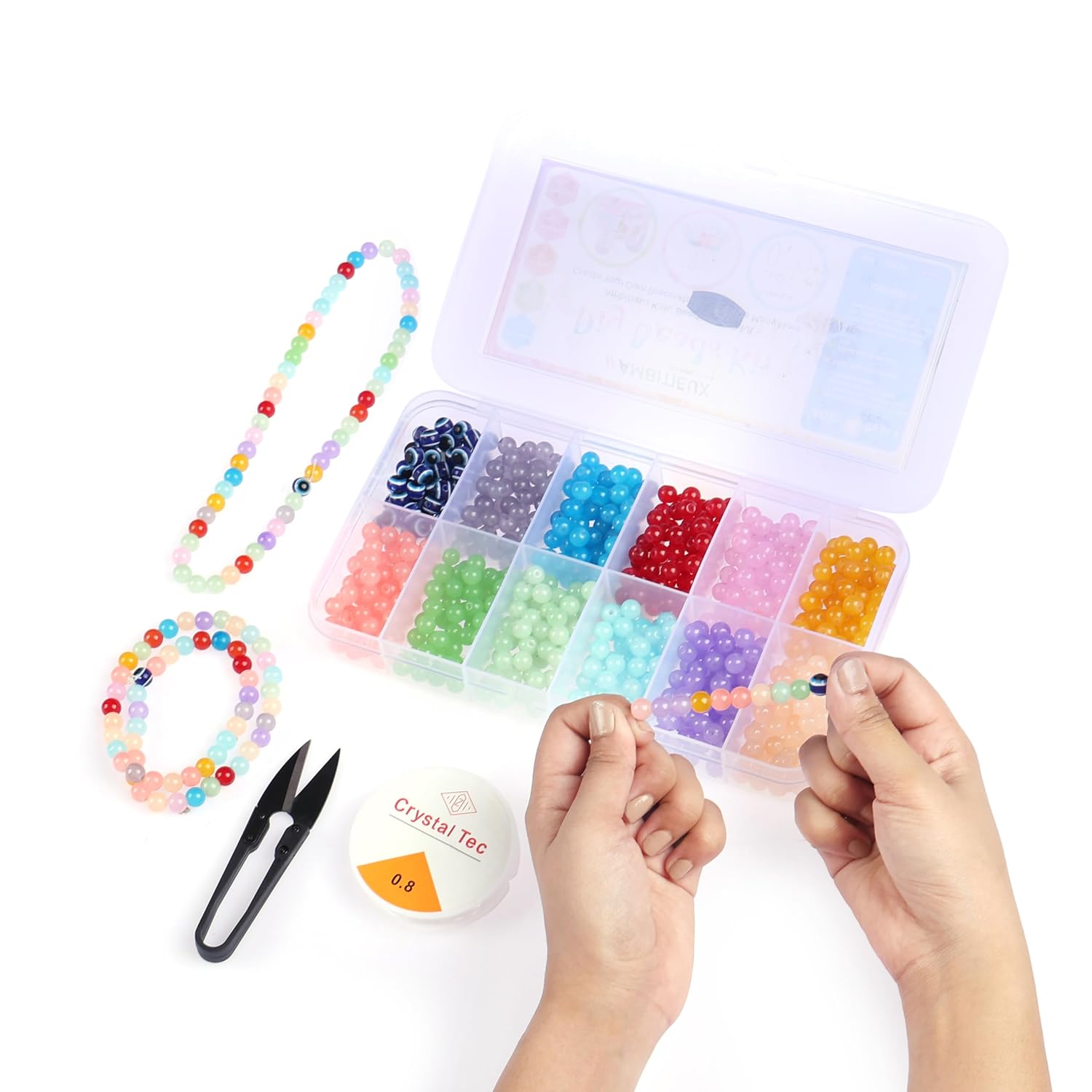 ambitieux Kids Toy Glass Beads DIY Bracelet Necklace Making Craft Kit - 11 Colors of Glass, Evil Eye, Thread Cutter, Elastic Thread, Jute Bag - 700+ PCS for Crafting - Image 6