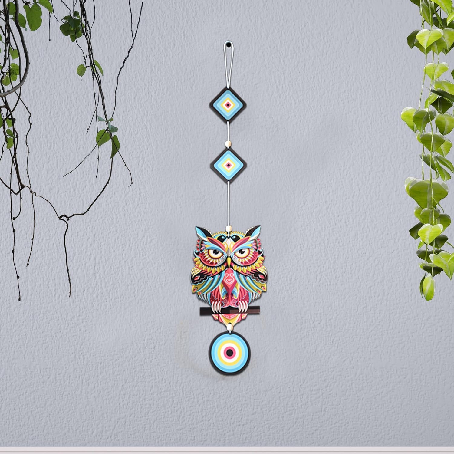 DIYANSH ENTERPRISES Evil Eye Owl Wall Hanging for Home Decor | Nazar Battu with Hamsa Hand & Owl Design | MDF Wooden Hanging for Protection & Positive Vibes ? Blue & Brown - Image 3