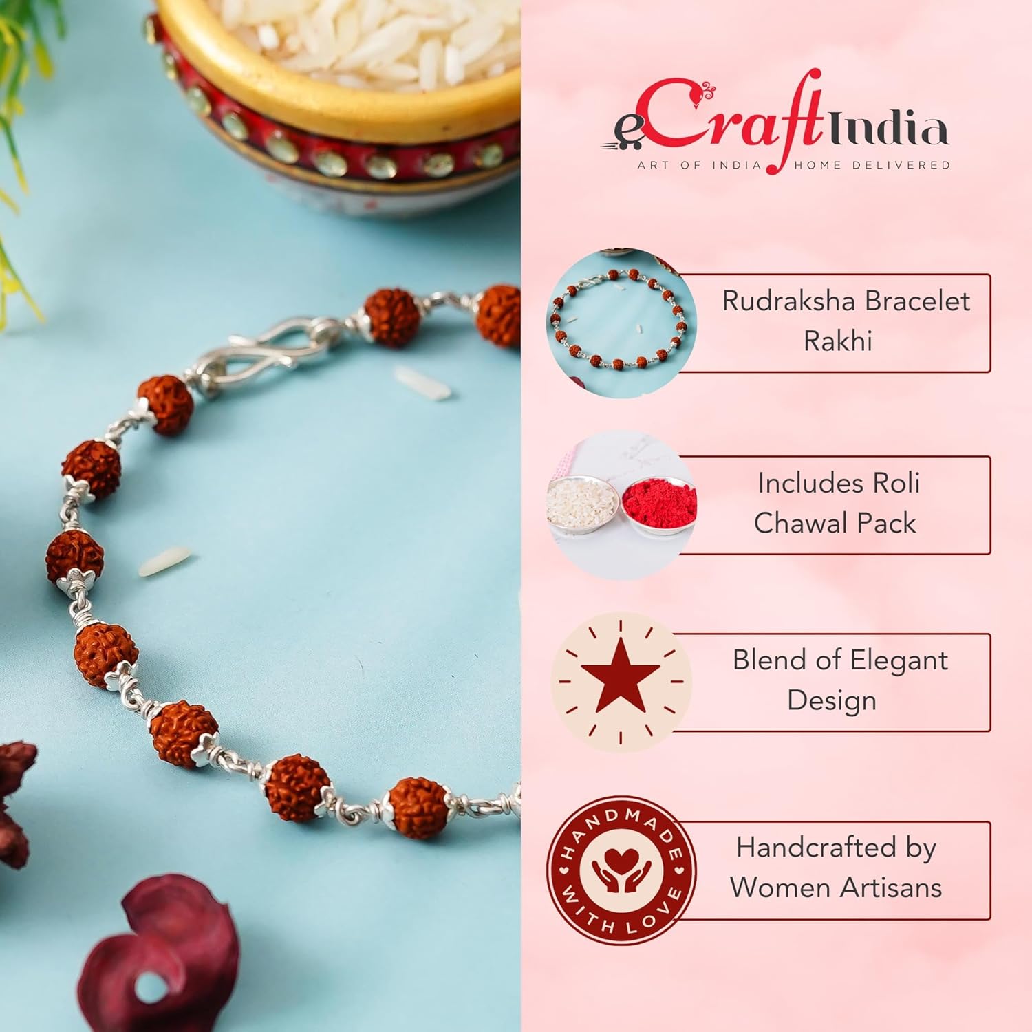eCraftIndia Rudraksha with 925 Sterling Silver Rakhi for Brother Bhaiya Bhai | Roli Chawal Pack | Raksha Bandhan Bracelet Rakhi Hamper | Chandi Ki Rakhis - Image 4