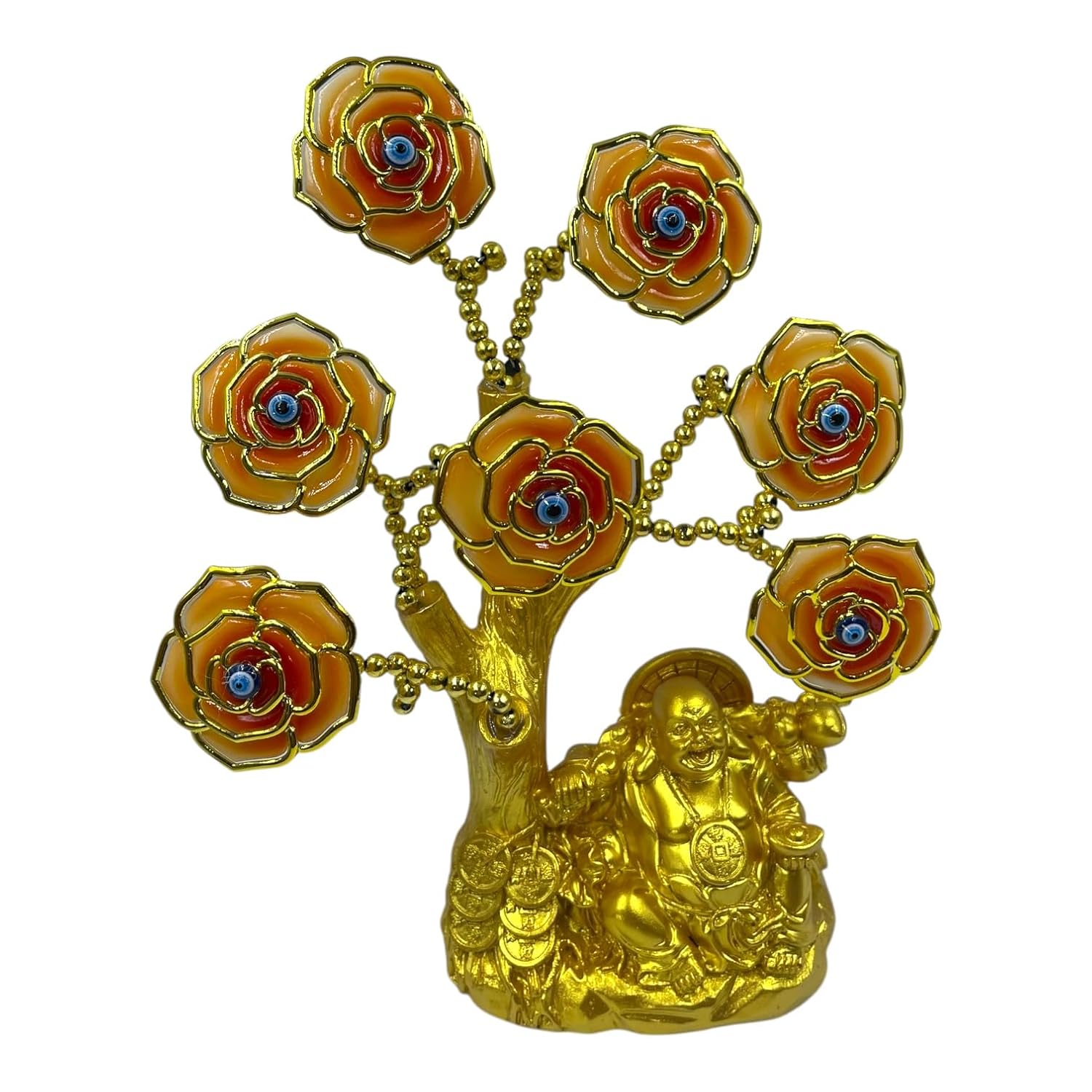 Evil Eye Protection Tree with Laughing Buddha Charm – Home Decor & Good Luck Symbol (Orange Flowers) - Image 5