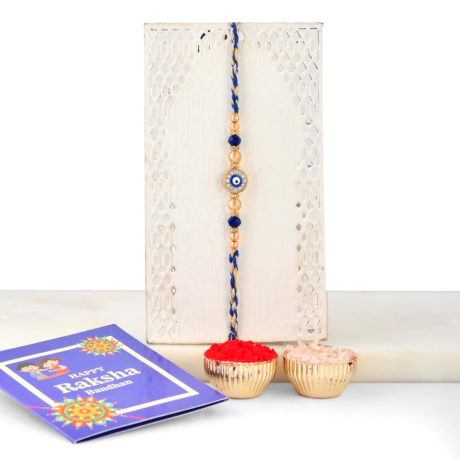 INDI ART Designer Evil Eye Rakhi Set with Blue Beads and Crystals, Pack of 3, Designer Rakhis for Brother - Image 6