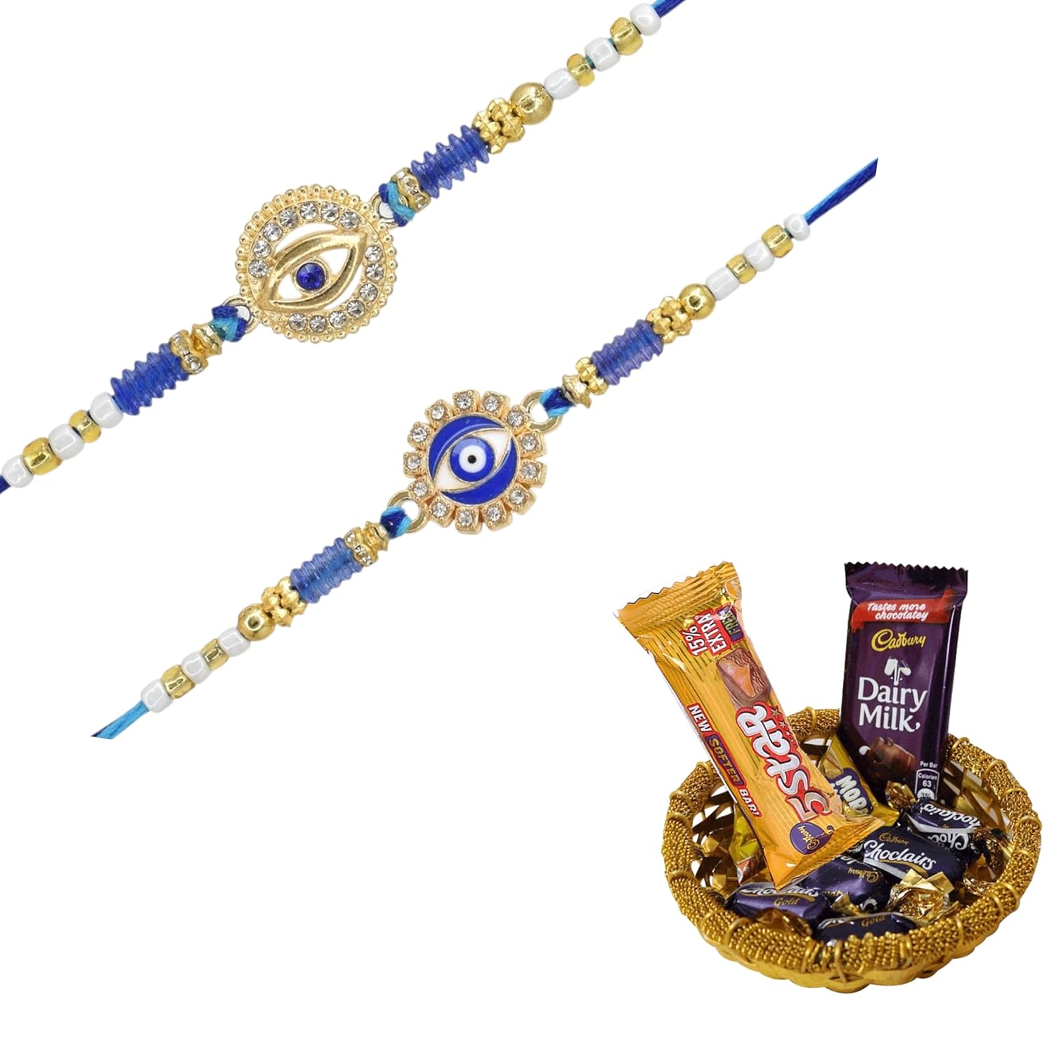 Meira Jewellery Evil Eye Set of 2 Rakhi, Premium Blue Beaded Cotton Thread Combo Pack Bracelet Type Kids Rakhi for Brother with Chocolate Gift Hamper, Roli Chawal and Rakshabandhan Greeting Card-02 - Image 2