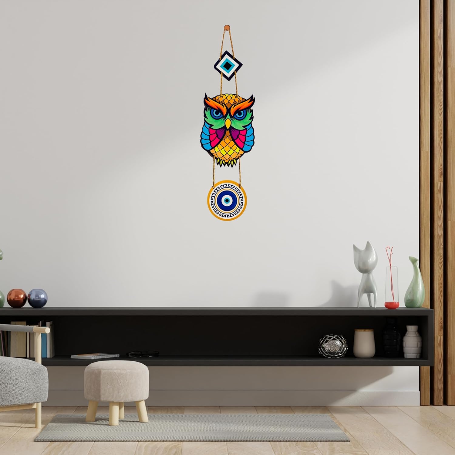 BLUEWALL DECOR Owl Evil Eye Hanging MDF Wooden Decorative Art | Unique Charm for Home Office Decor | Modern Positive Vibes Ornament | 48x12 cm - Image 6