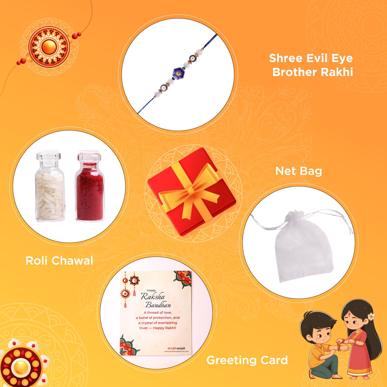 Shubhanjali Evil Eye Rakhi for Brother | Fancy Rakhi with Charm | Protect him from Nazar this Raksha Bandhan | Kumkum, Chawal, Roli in Potli included - Image 6