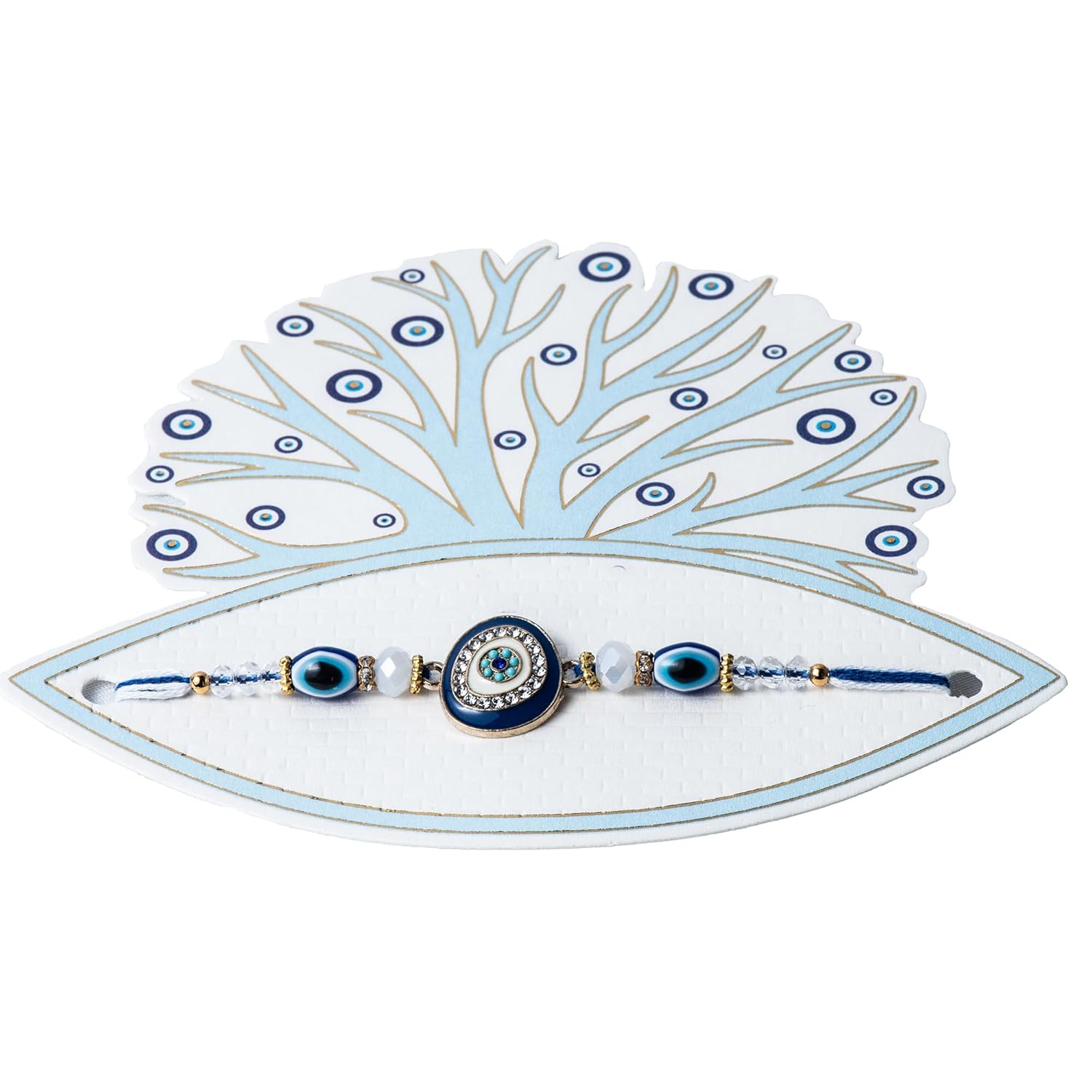 Handmade Evil Eye Rakhi for Bhai – Blue Beads & Crystal Thread for Raksha Bandhan - Image 2