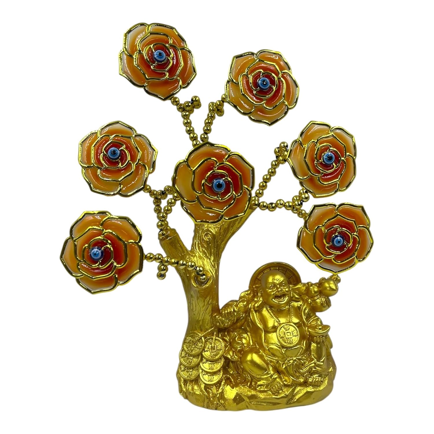 Evil Eye Protection Tree with Laughing Buddha Charm – Home Decor & Good Luck Symbol (Orange Flowers) - Image 2