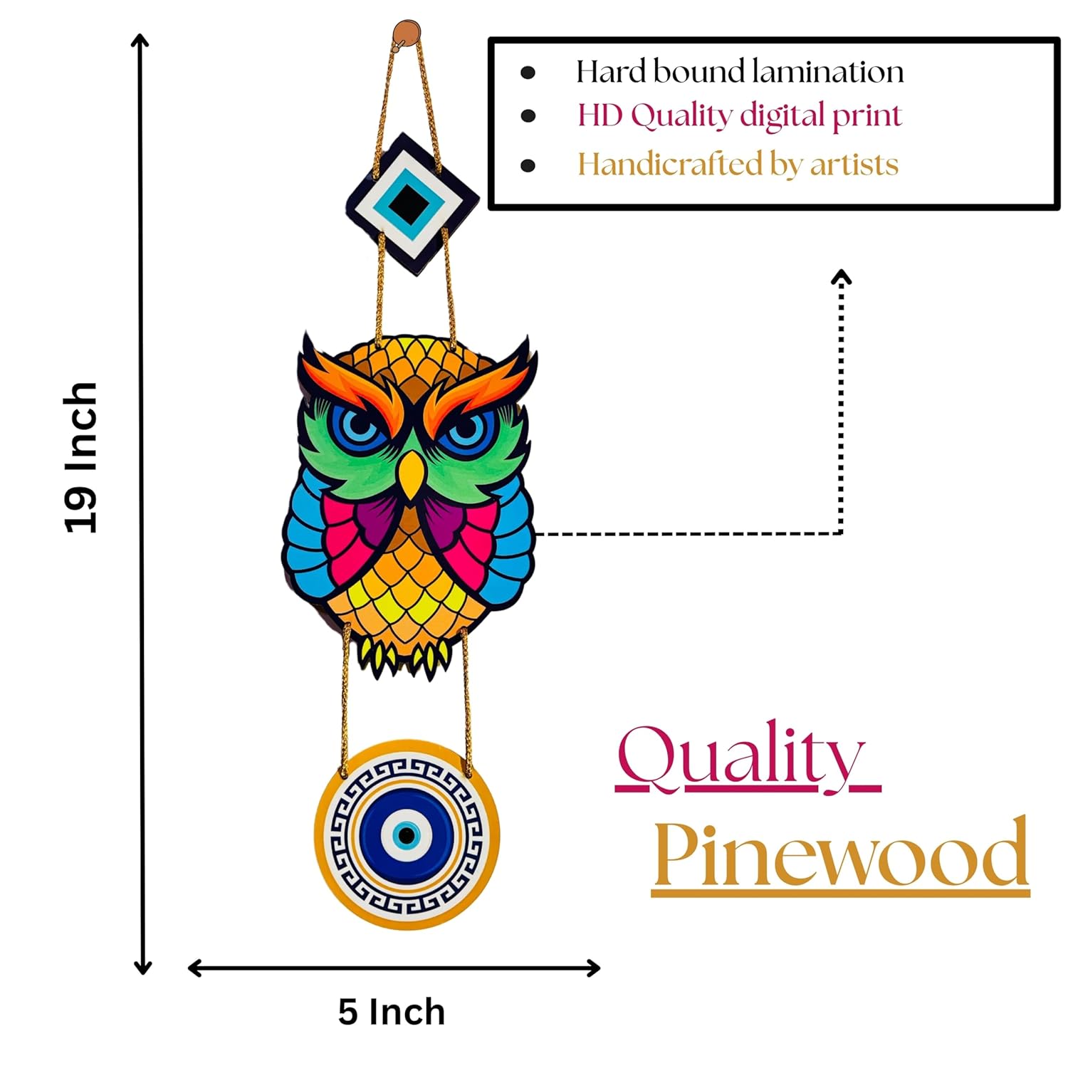 BLUEWALL DECOR Owl Evil Eye Hanging MDF Wooden Decorative Art | Unique Charm for Home Office Decor | Modern Positive Vibes Ornament | 48x12 cm - Image 4
