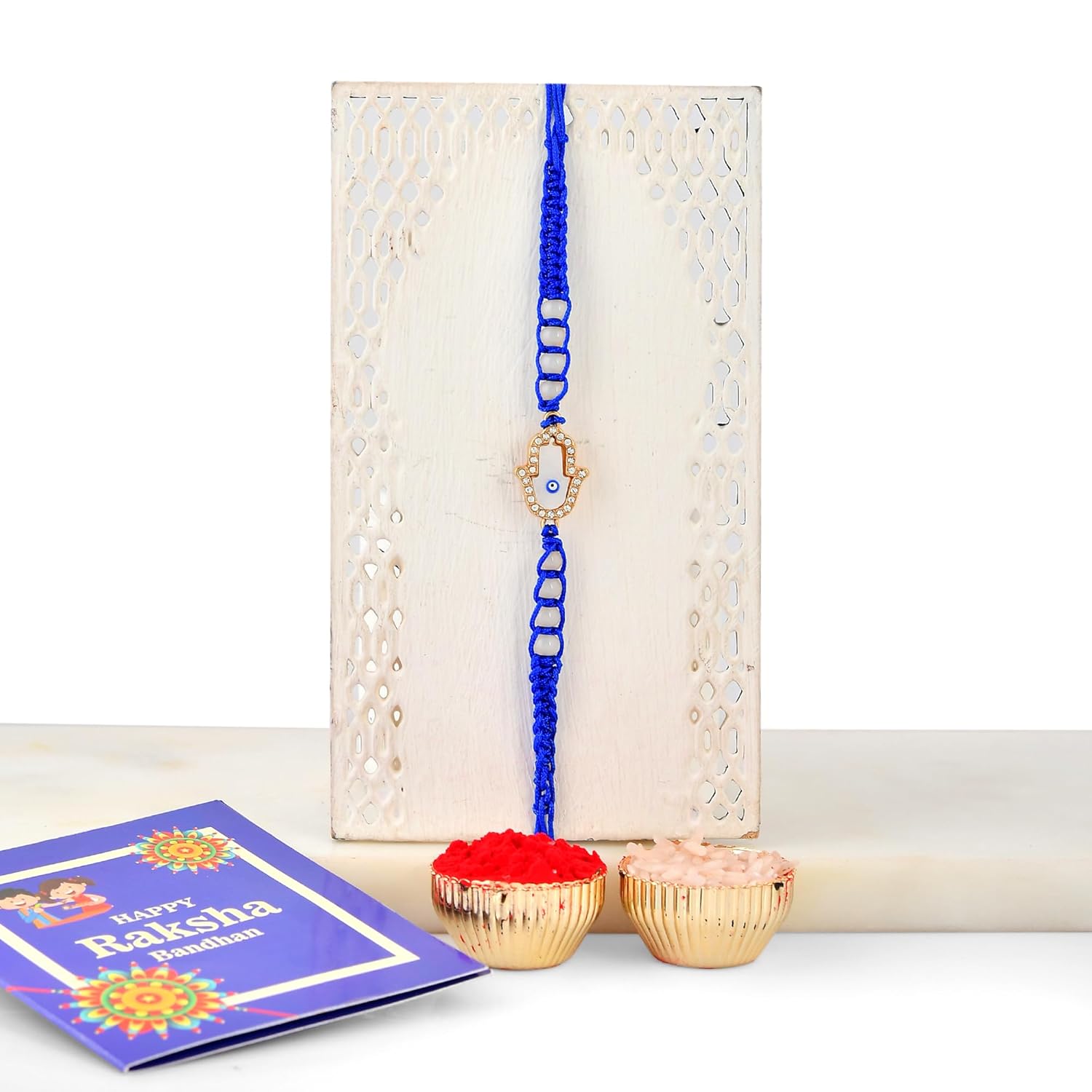 INDI ART Designer Evil Eye Rakhi Set with Blue Beads and Crystals, Pack of 3, Designer Rakhis for Brother - Image 5
