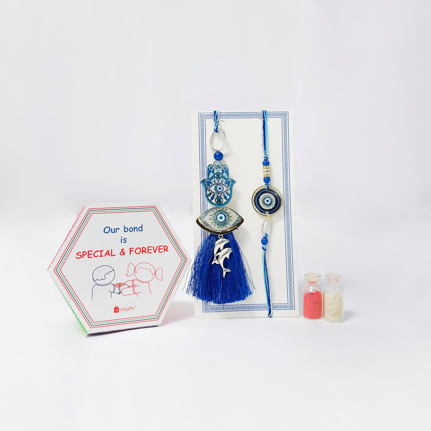 Yolo Roots 6 - Item Rakhi Gift Hamper For Bhayia and Bhabhi - Evil Eye Rakhi & Eval Eye Bracelet & Game Card, Date Bites & Roased Multigrain Namkeen - Image 6