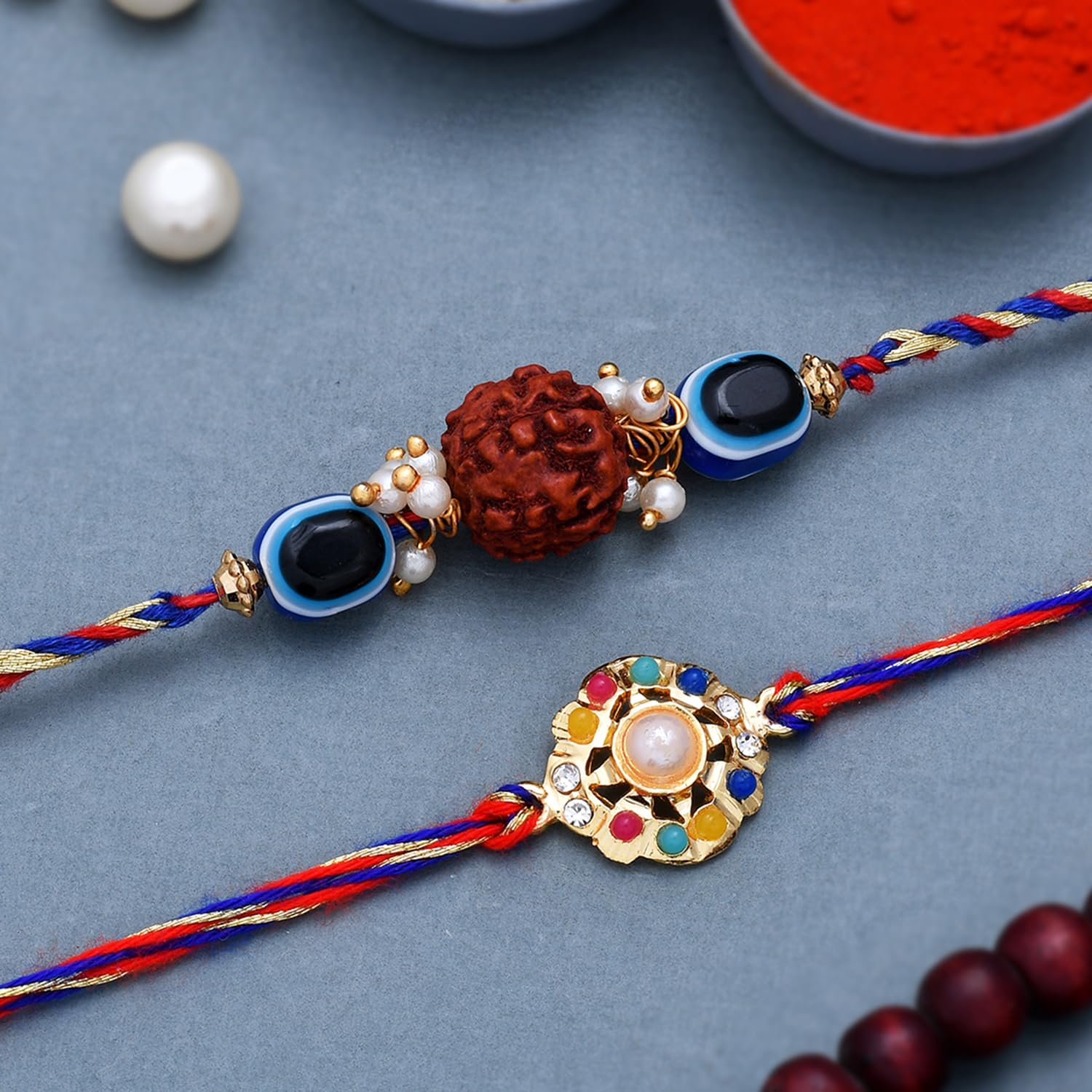 VOYLLA Set Of 2 Colorful Stones And Rudraksha Evil Eye Rakhi|Rakhi For Brother| - Image 6