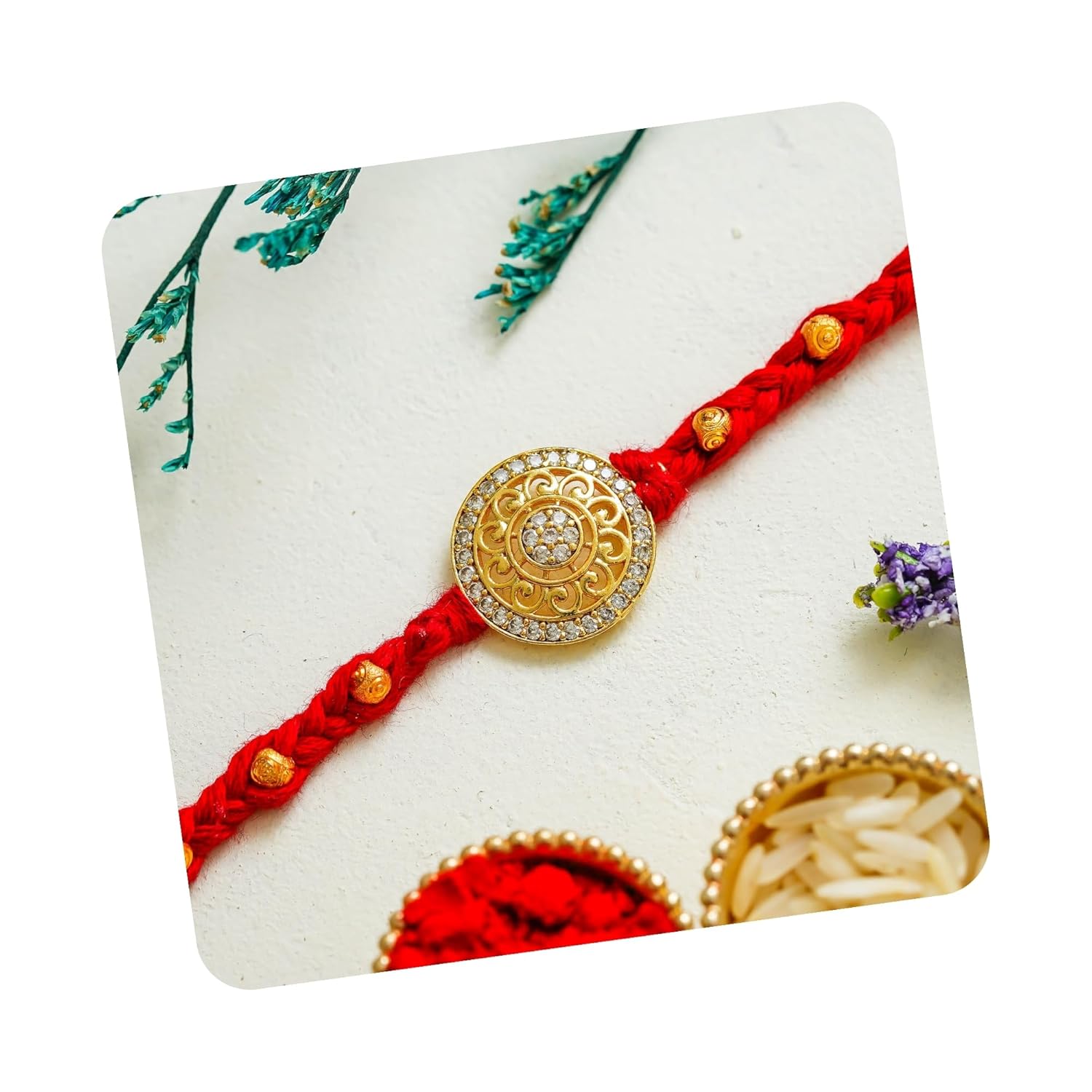 eCraftIndia Floral Diamond Rakhi with Roli Chawal Pack | Rakhi for Brother Bhaiya Bhai Bhabhi Kids - Image 2