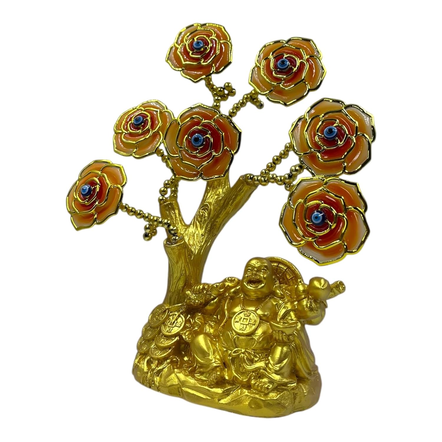 Evil Eye Protection Tree with Laughing Buddha Charm – Home Decor & Good Luck Symbol (Orange Flowers) - Image 4
