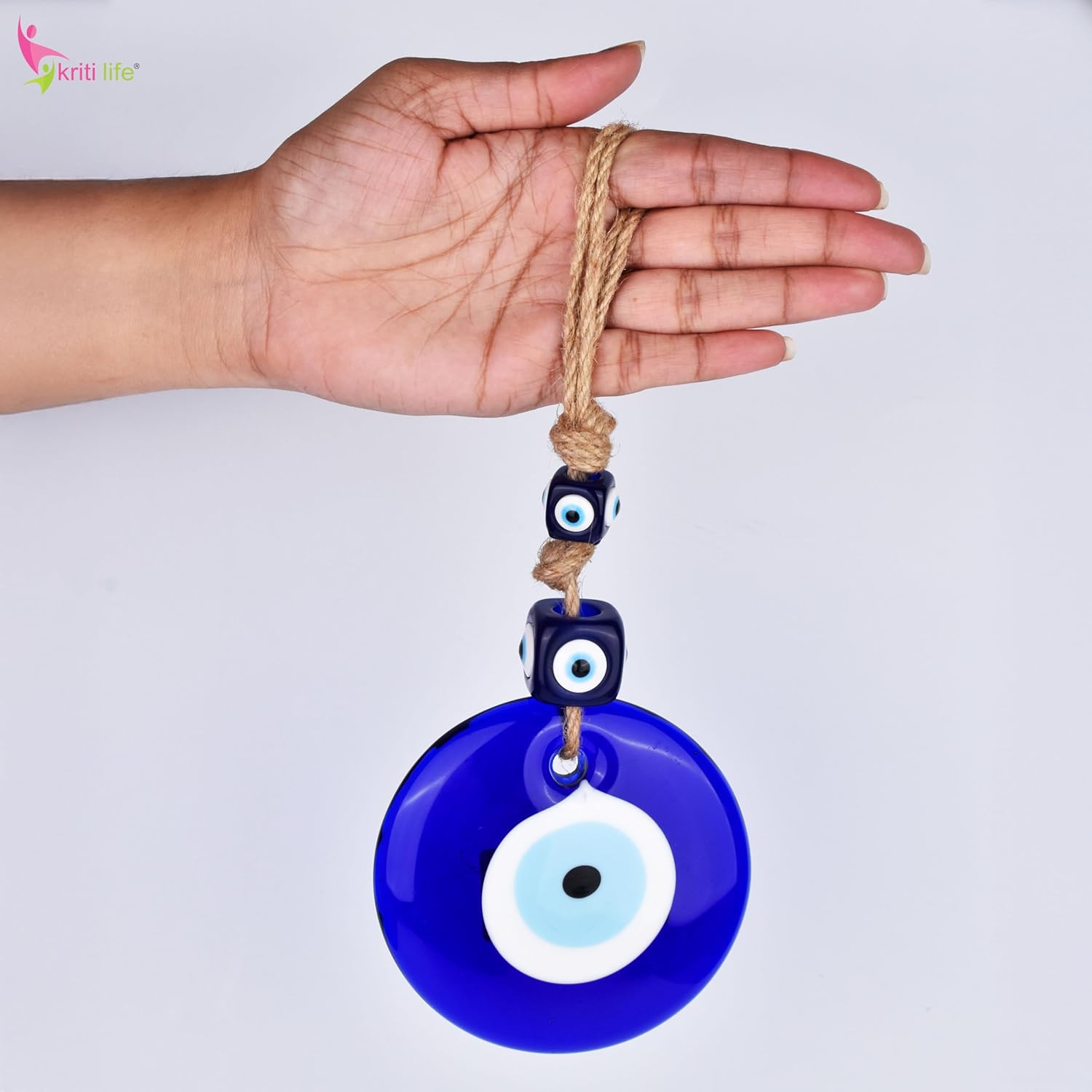 Kriti Life Glass Evil Eye Hanging | 26 cm Hight | Nazar Protection Wall Decor with Rope & Cube Beads | Spiritual Decor for Home, Office & Gifting - Image 6