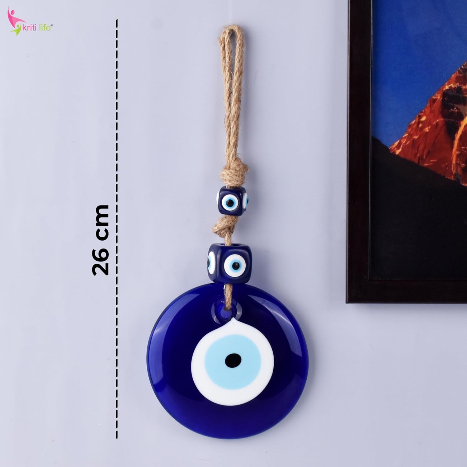 Kriti Life Glass Evil Eye Hanging | 26 cm Hight | Nazar Protection Wall Decor with Rope & Cube Beads | Spiritual Decor for Home, Office & Gifting - Image 5