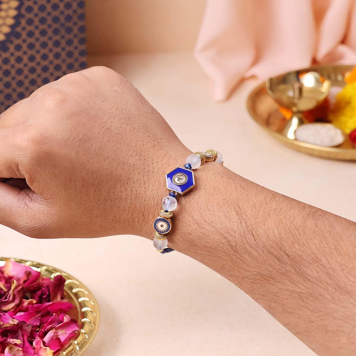 Shubhanjali Evil Eye Rakhi for Brother | Fancy Rakhi with Charm | Protect him from Nazar this Raksha Bandhan | Kumkum, Chawal, Roli in Potli included - Image 4