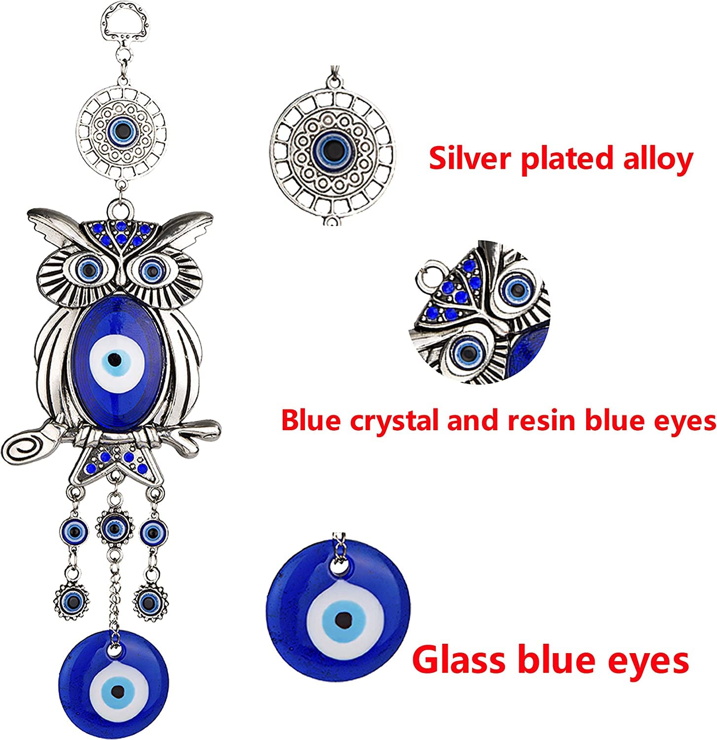 Blue Beads Blue Evil Eye Owl 11.7 Inches Pendant Decoration, Lucky Owl Hanging Ornament Amulet for Car, Home and Office for Protection and Blessing - Image 3