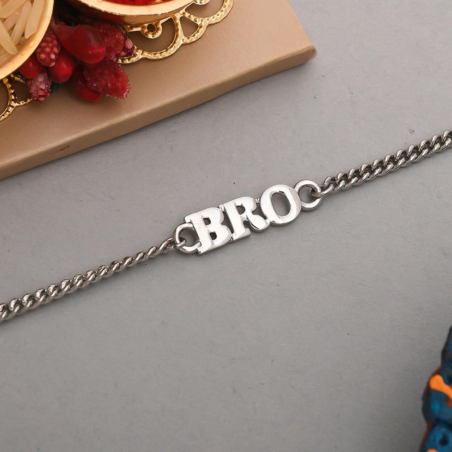 VOYLLA Silver Tone Fashionable Bro Bracelet Rakhi with Roli Chawal Pack -Rakhi For Brother - Image 3