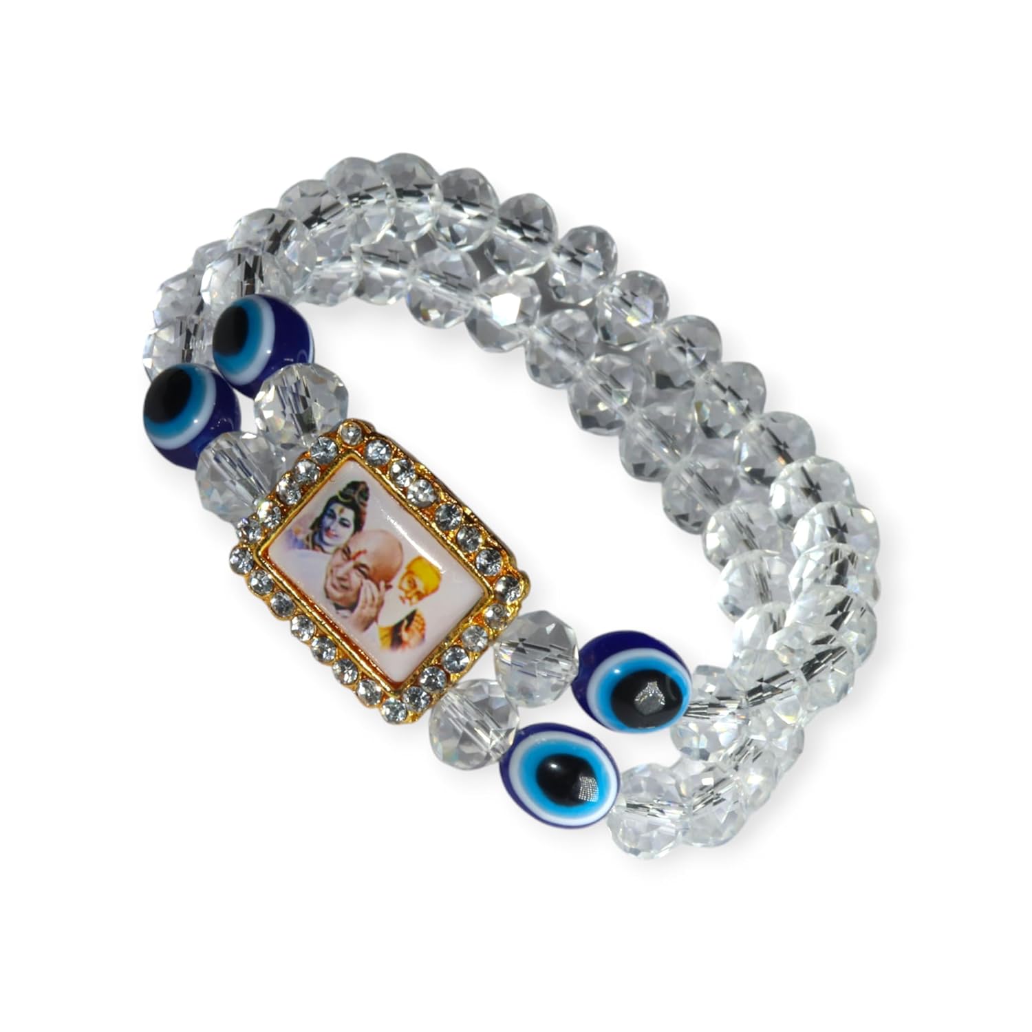 Jai Guru ji Bracelet Evil Eye Bracelet with Religious Charm, Clear Crystals and Blue Evil Eye Crystal Beads, e (Evil-White) - Image 5