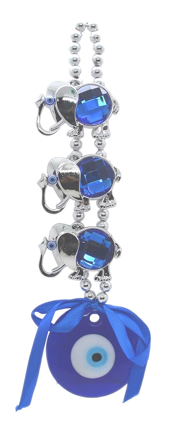 Saubhagya Global Fengshui Set of 1 Blue Three Elephant Evil Eye Hanging for Car & Door/Office, Medium Size, Height-22cm - Image 2