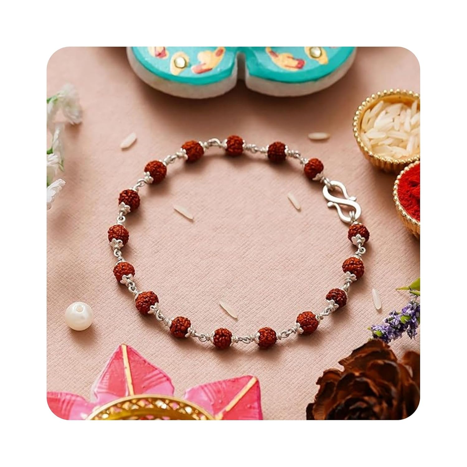 eCraftIndia Rudraksha with 925 Sterling Silver Rakhi for Brother Bhaiya Bhai | Roli Chawal Pack | Raksha Bandhan Bracelet Rakhi Hamper | Chandi Ki Rakhis - Image 2