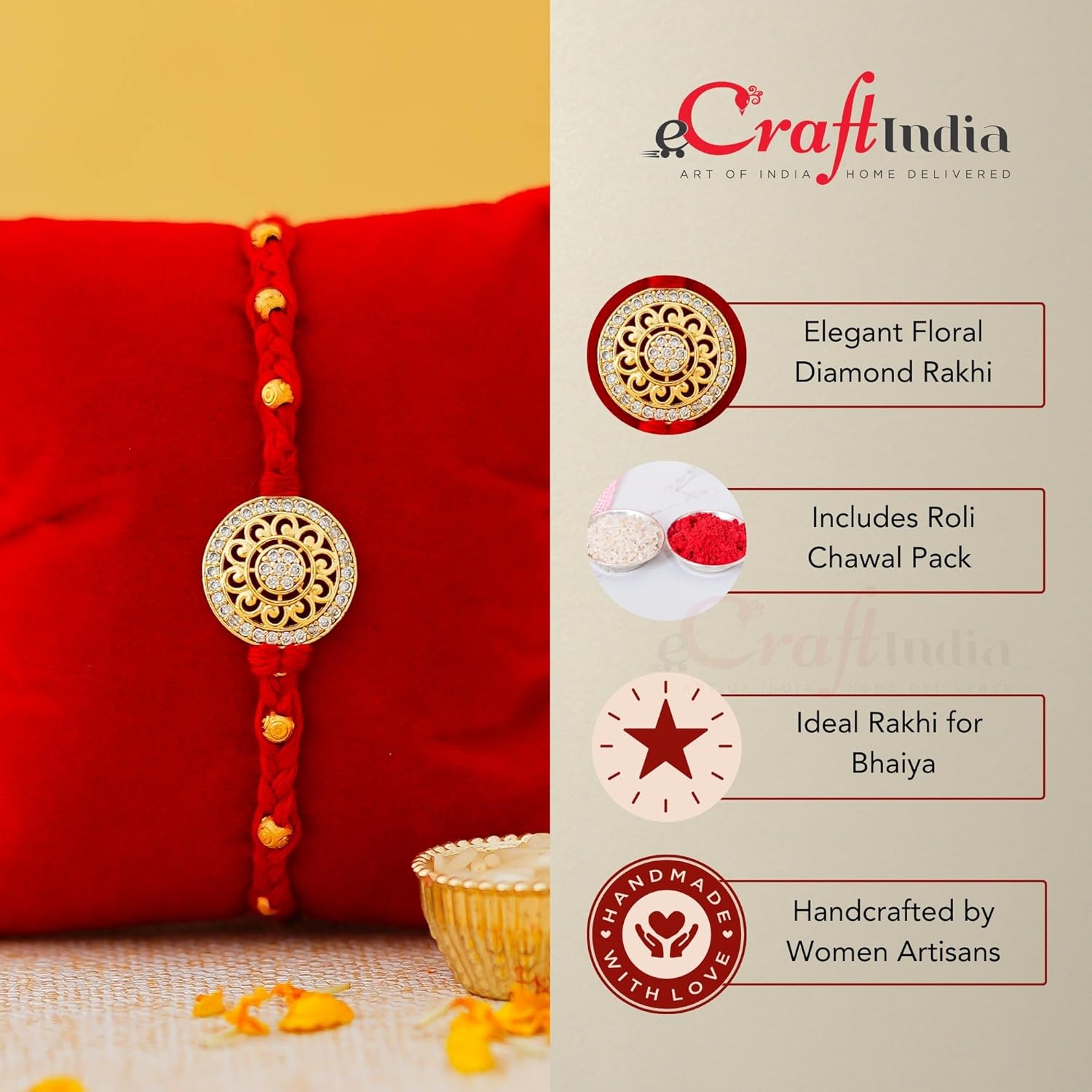 eCraftIndia Floral Diamond Rakhi with Roli Chawal Pack | Rakhi for Brother Bhaiya Bhai Bhabhi Kids - Image 4