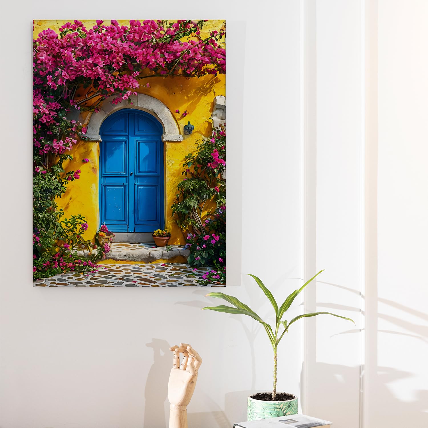PAPER PLANE DESIGN Mediterranean Blue Door Wall Art | Yellow Textured House with Bougainvillea | Vibrant Floral Decor for Home & Cafe | 20 x 30 Inch Canvas | Framed & Ready to Hang | DS1465 - Image 3