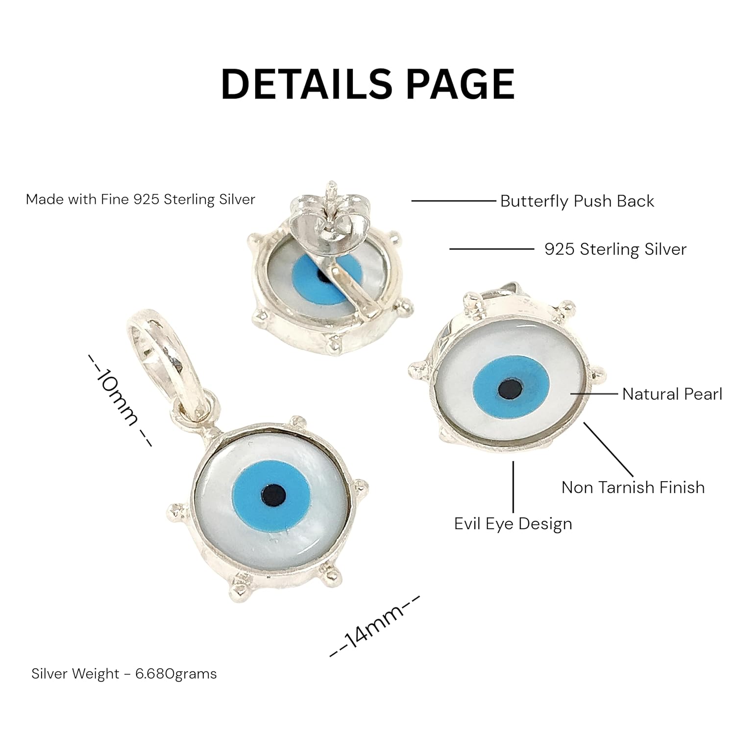 MK Sons Jewels Evil Eye Pendant and Studs Earrings Set for Women & Girls | Protective Charm Jewellery | Mother of Pearl Design | 13mm Size | Lightweight 6.68g | Stylish Wear - Image 8