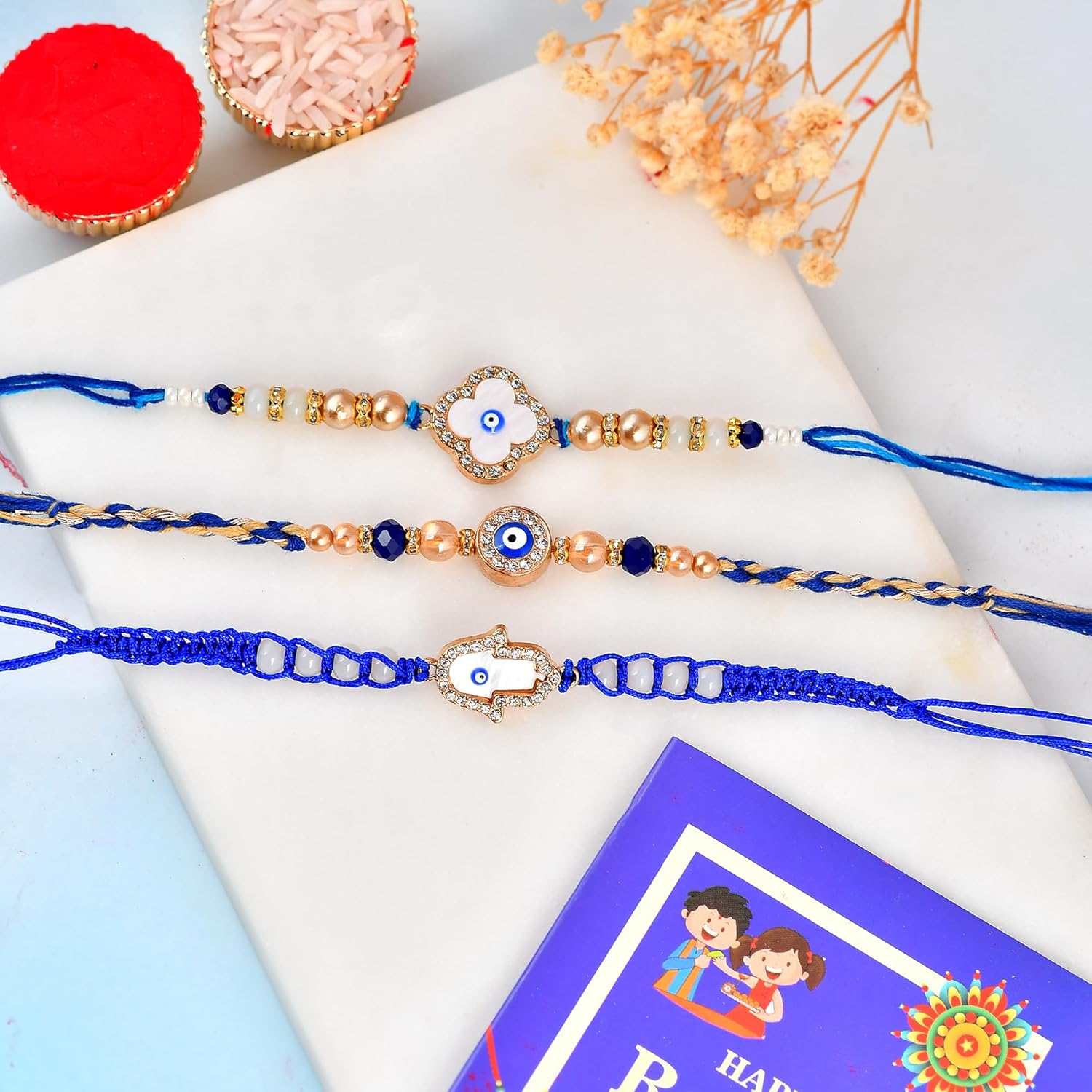INDI ART Designer Evil Eye Rakhi Set with Blue Beads and Crystals, Pack of 3, Designer Rakhis for Brother - Image 2