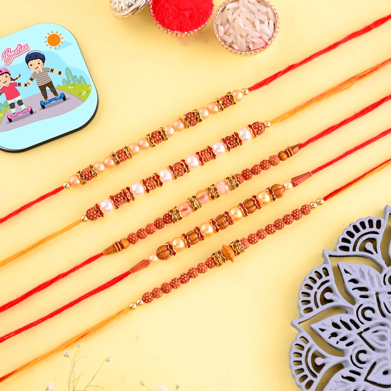 CraftVatika Rakhi Set of 5 Rakhi Gift Combo for Brother Boy Men Kids, Rudraksh Rakhi with Magnet Gift, Dora Rakhi Set of 5, Fridge Magnet for Door Decor - Image 2