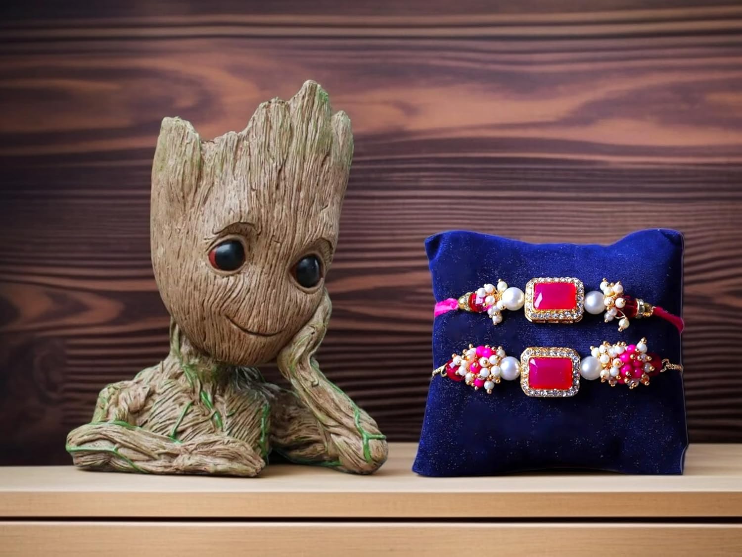 SAUDEEP INDIA Baby Groot Idol and Figurine for Home Decor with Couple Lumba Rakhi for Bhaiya Bhabhi | Combo Gift Set of Groot Statue for Office, Desk with Rakhi for Brother - Image 2