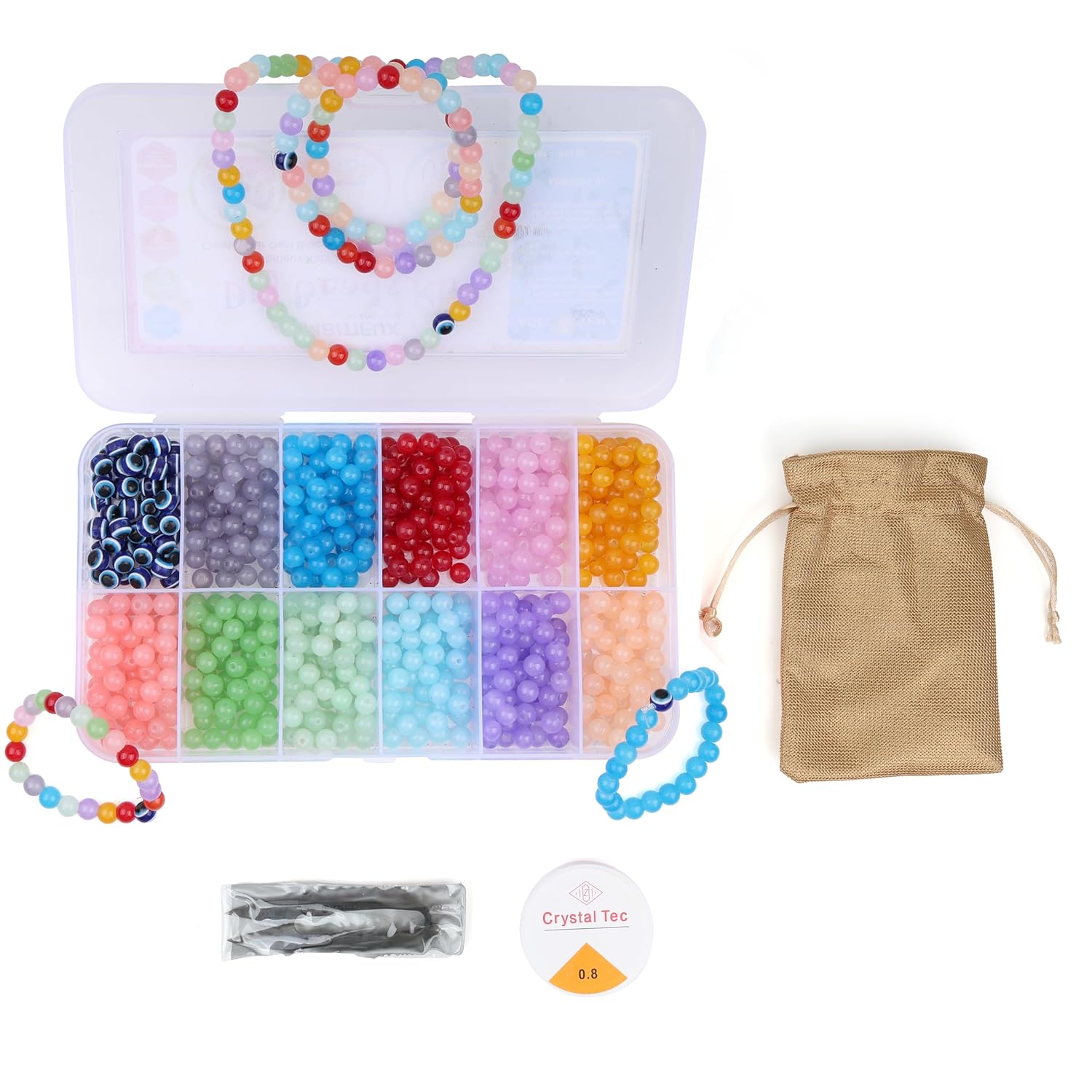 ambitieux Kids Toy Glass Beads DIY Bracelet Necklace Making Craft Kit - 11 Colors of Glass, Evil Eye, Thread Cutter, Elastic Thread, Jute Bag - 700+ PCS for Crafting - Image 2