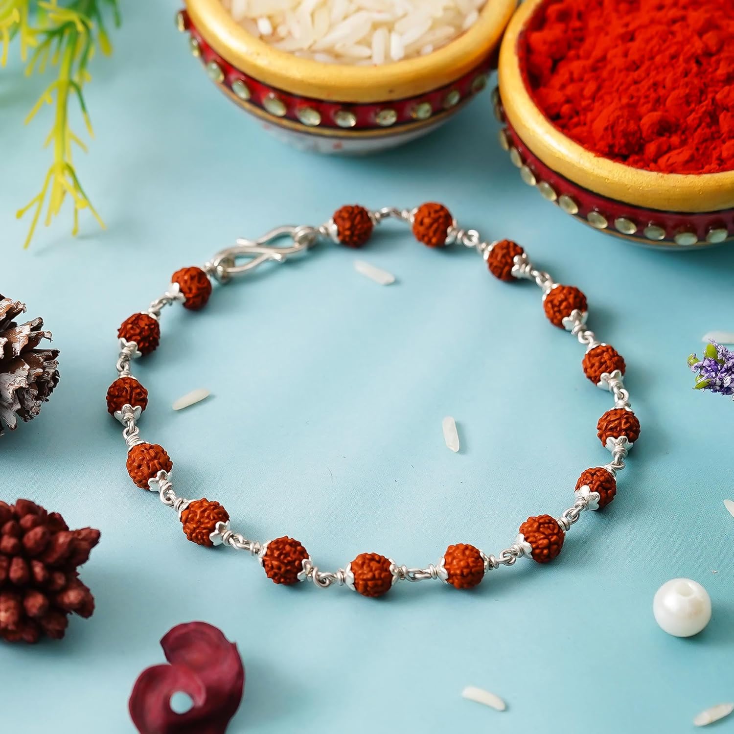 eCraftIndia Rudraksha with 925 Sterling Silver Rakhi for Brother Bhaiya Bhai | Roli Chawal Pack | Raksha Bandhan Bracelet Rakhi Hamper | Chandi Ki Rakhis - Image 3