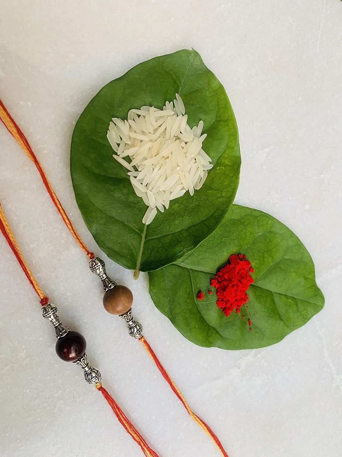 RDK Original Handcrafted Red & White Sandalwood Beaded Pattern Dora Rakhi Safed Lal Chandan Designer Rakshbandhan Rakhis for Bhaiya Brother - Image 4
