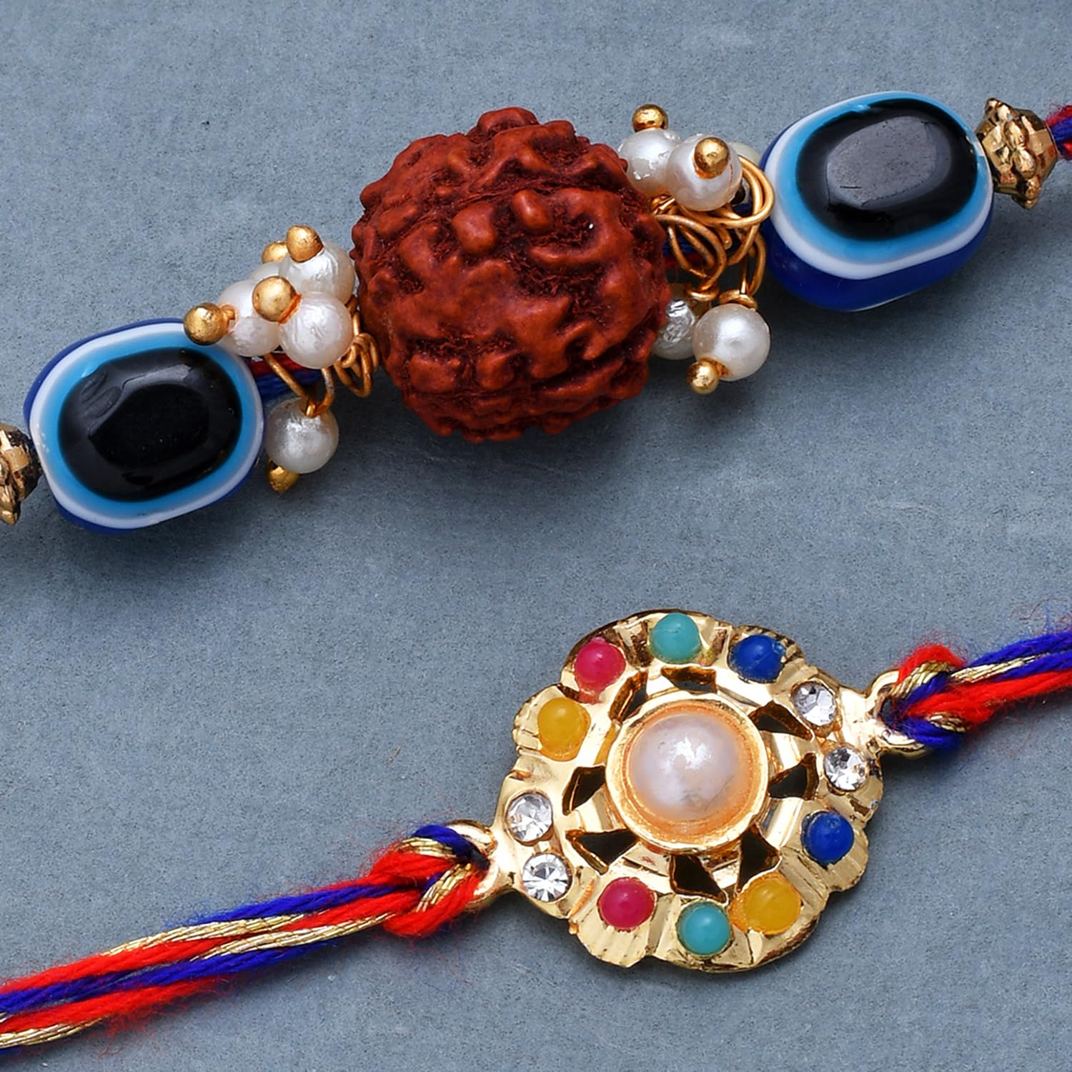 VOYLLA Set Of 2 Colorful Stones And Rudraksha Evil Eye Rakhi|Rakhi For Brother| - Image 3