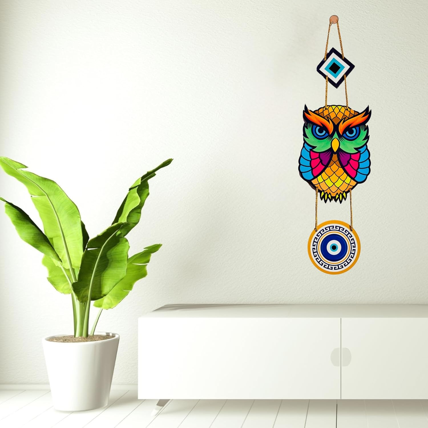 BLUEWALL DECOR Owl Evil Eye Hanging MDF Wooden Decorative Art | Unique Charm for Home Office Decor | Modern Positive Vibes Ornament | 48x12 cm - Image 8