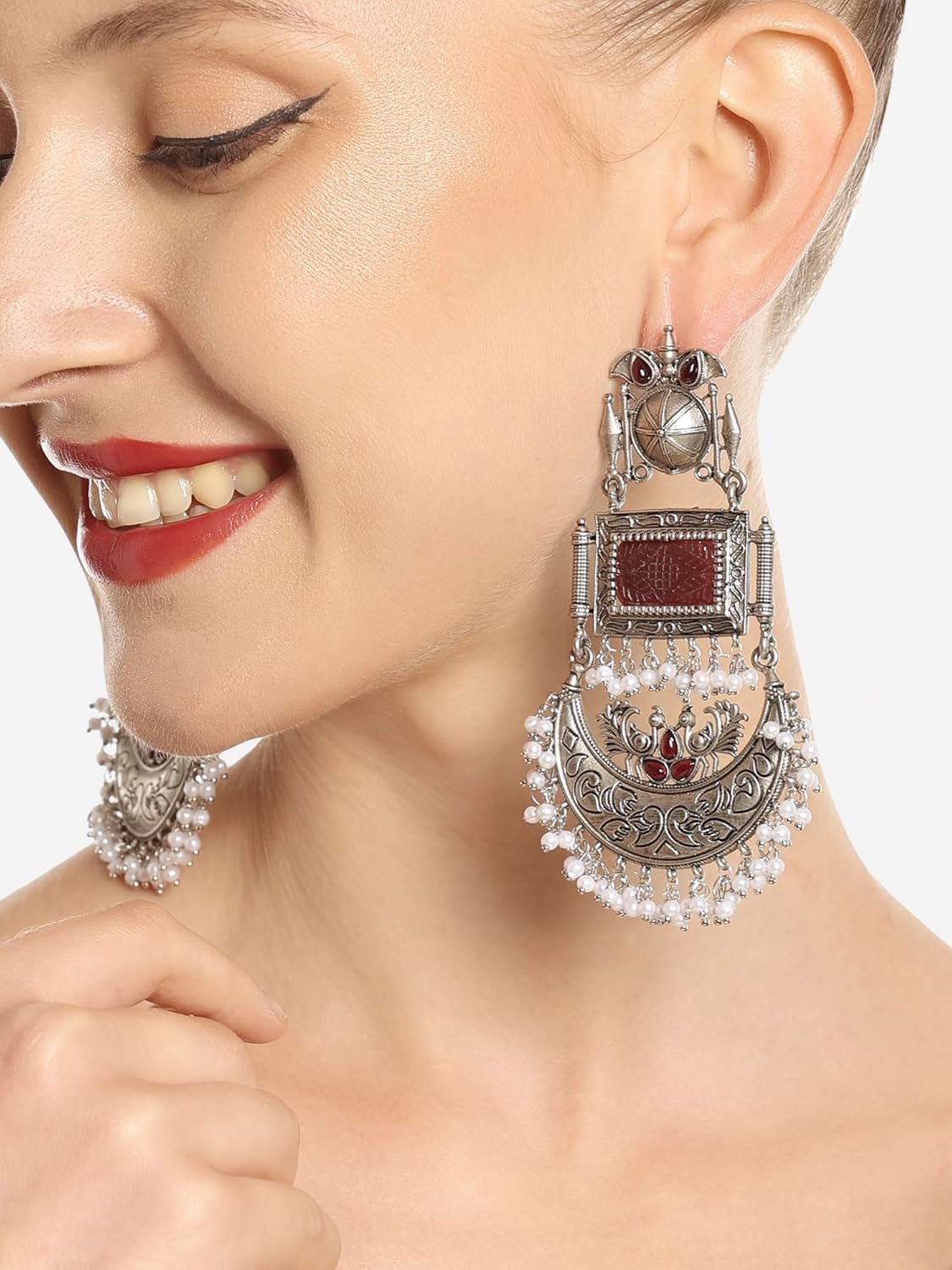 Zaveri Pearls Maroon Silver Oxidised Stones & Beads Traditional Dangle Earring For Women-ZPFK16701 - Image 3