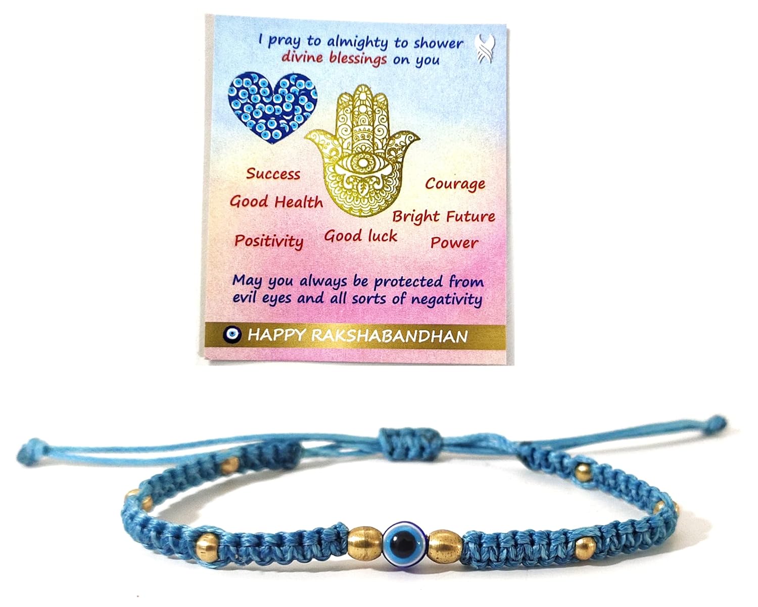SAFFRON SHADES Stylish and Elegant Evil Eye Bracelet Rakhi for Brother Sister Bhabhi with Greeting Card and Roli Chawal | Premium Linhasita Thread - Image 2